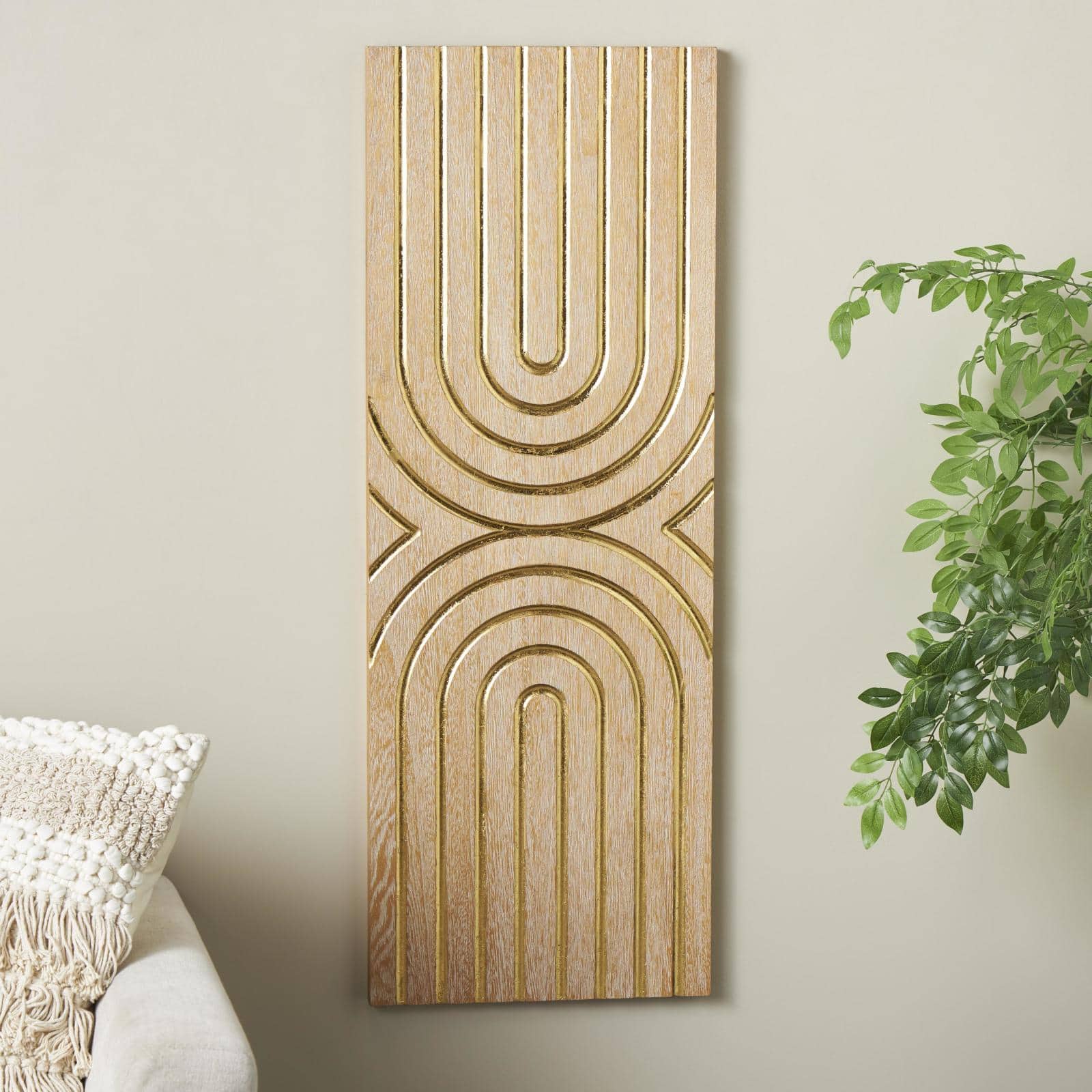 15.7" x 43.2" Light Brown Wood Geometric Panel with Overlapping Gold Arches Home Wall Décor