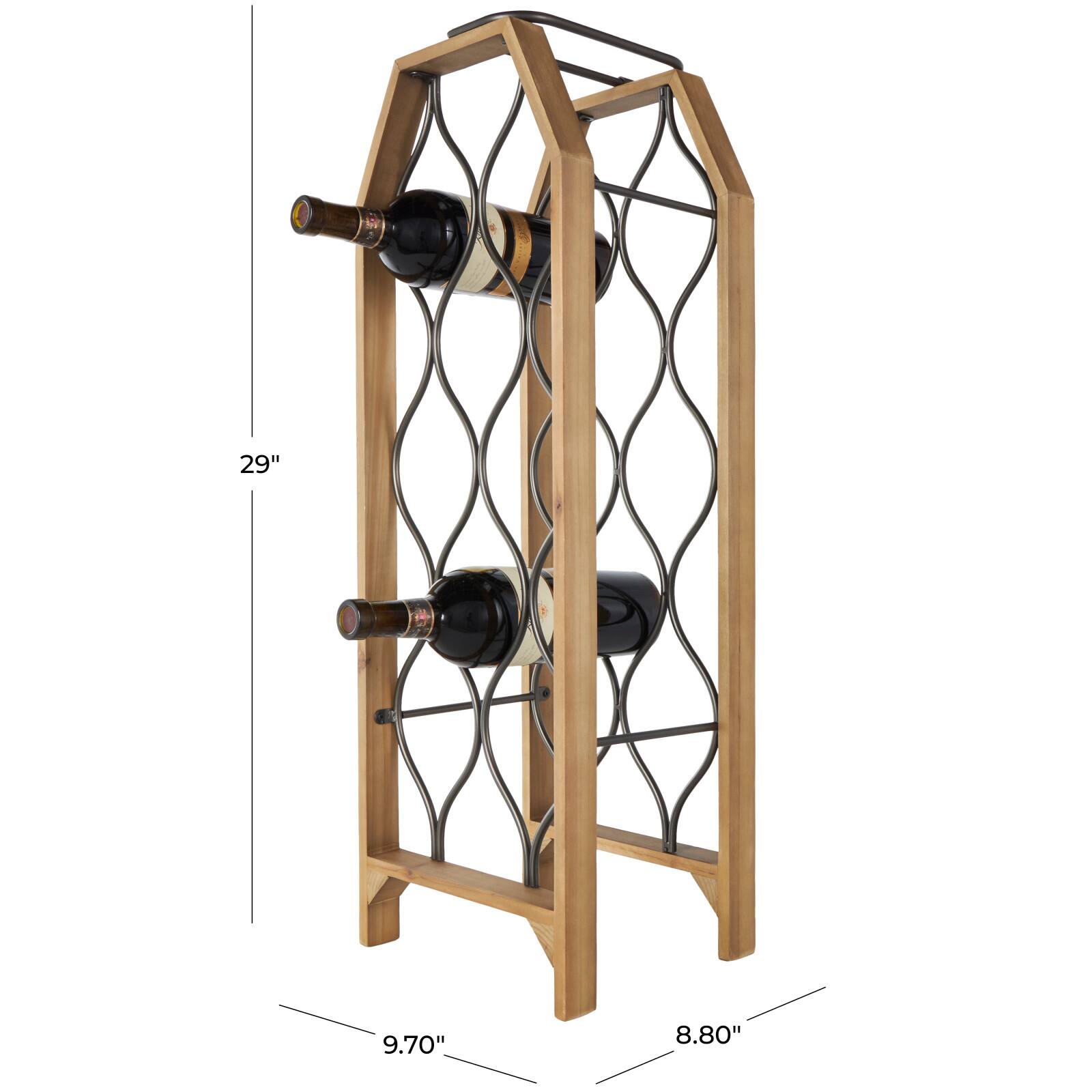 10" x 29" Brown Wood Tall 8 Slot Wine Rack with Gray Metal Curved Teardrop Holders