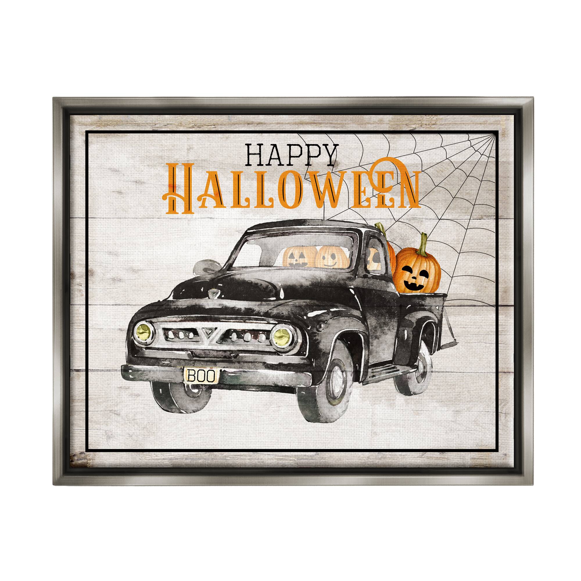 Stupell Industries Happy Halloween Pumpkin Truck Framed Floater Canvas Wall Art