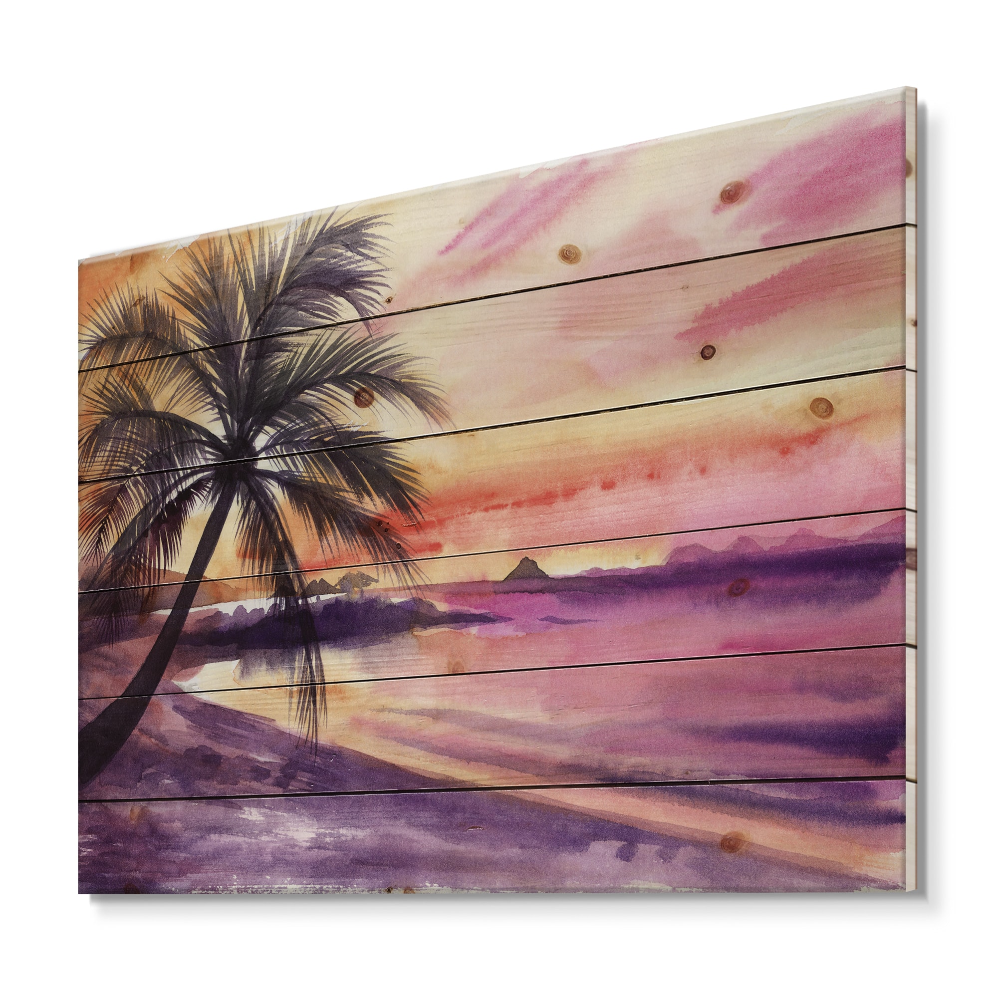 Designart - Pink and Purple Palm Beach Sunset - Nautical & Coastal Print on Natural Pine Wood