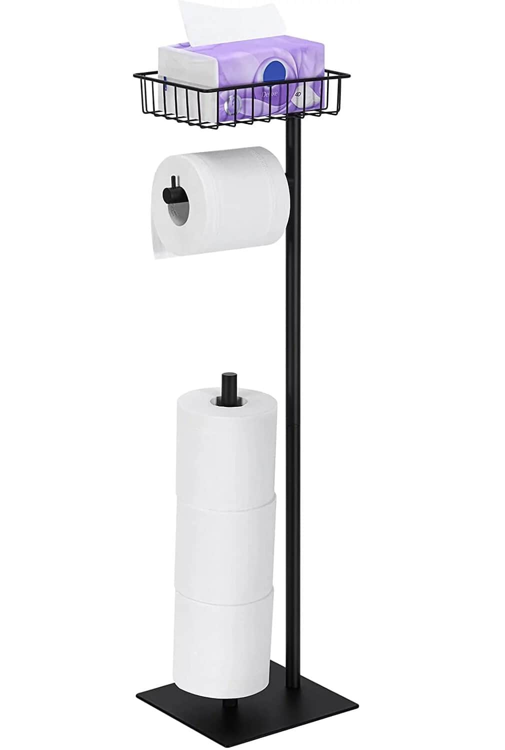 Black Freestanding Toilet Paper Holder Stand with Basket