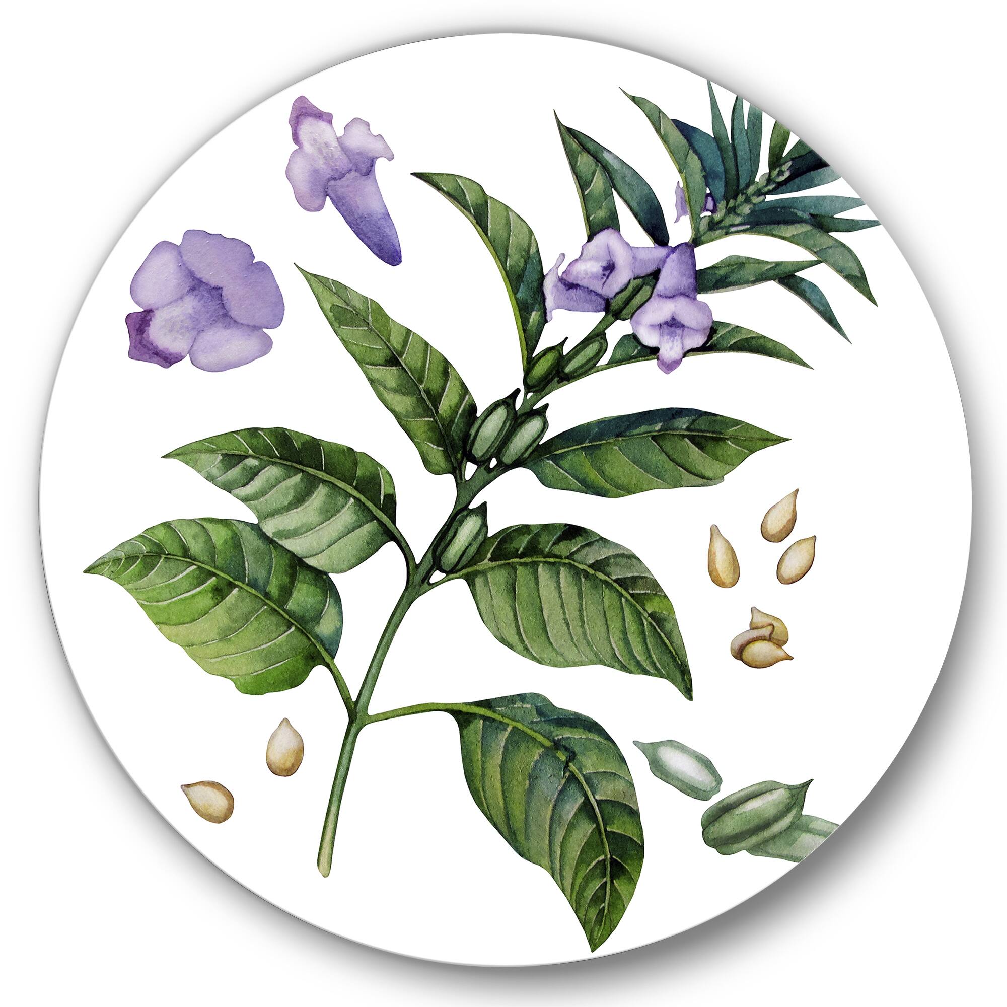 Designart - Purple Sesame Flowers WIth Green Leaves