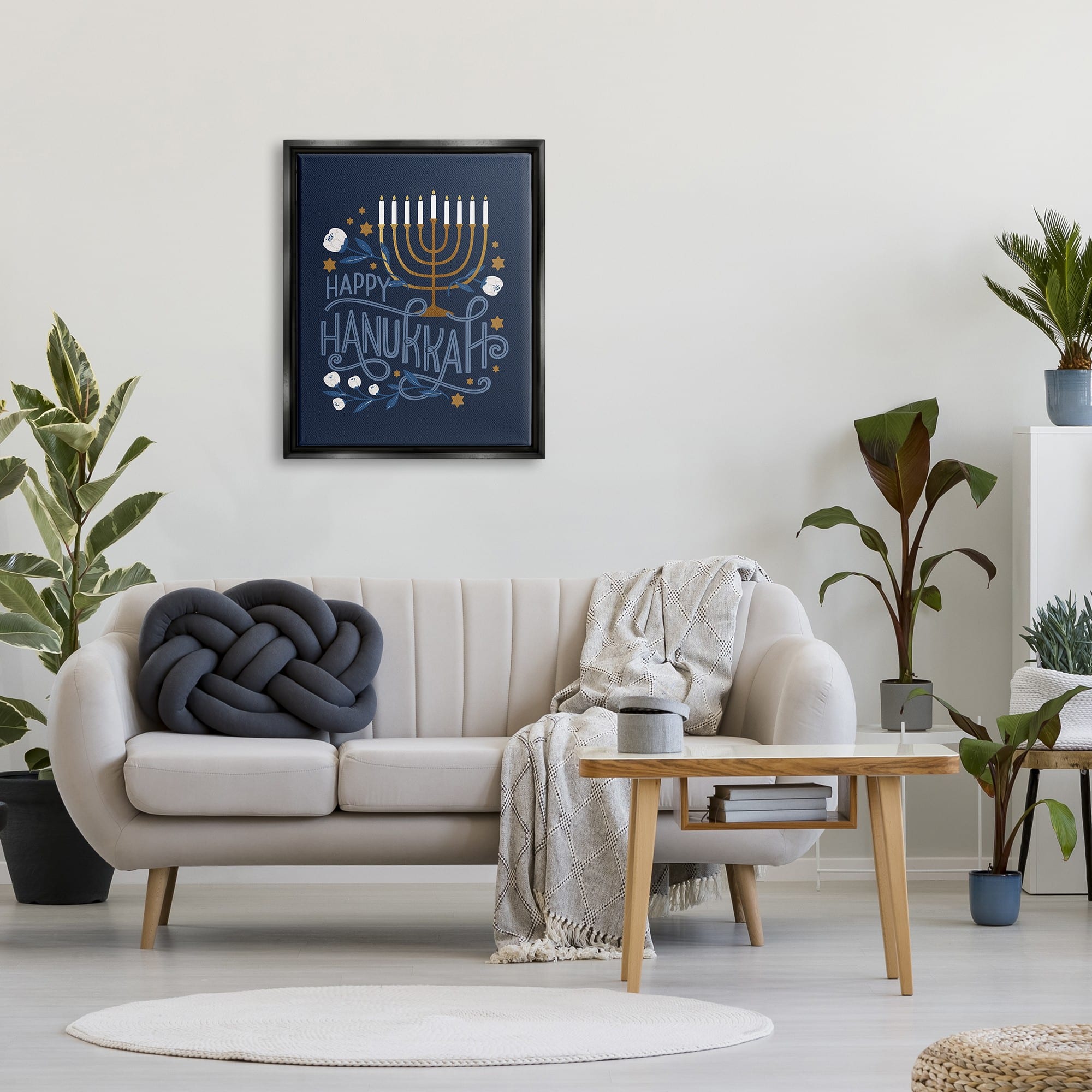 Stupell Industries Happy Hanukkah Traditional Menorah Symbols Framed Floater Canvas Wall Art