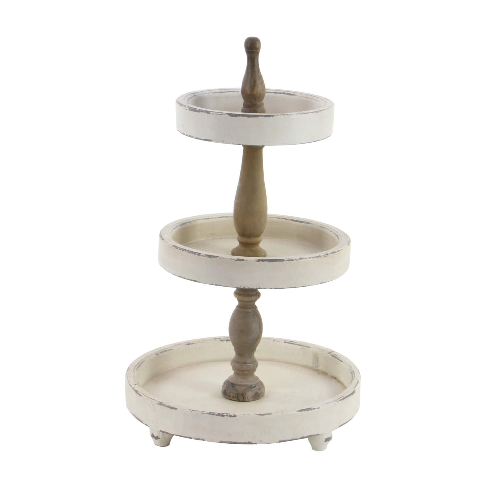 25" White Farmhouse Wood 3-Tier Tray Stand