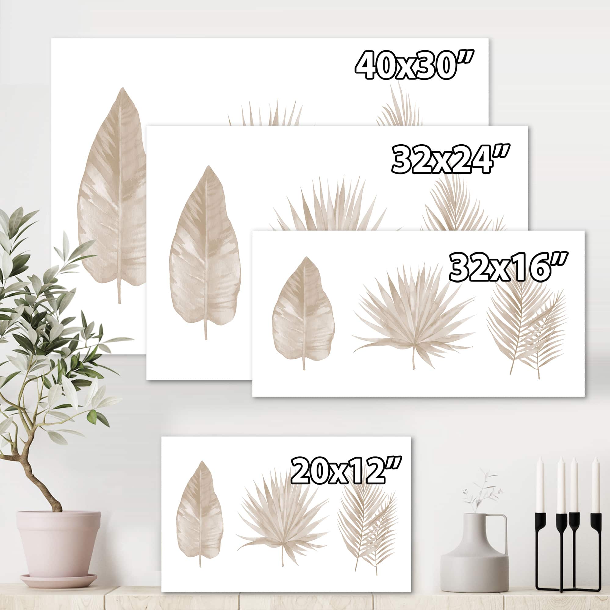 Designart - Tropical Beiges Leaves - Traditional Canvas Wall Art Print