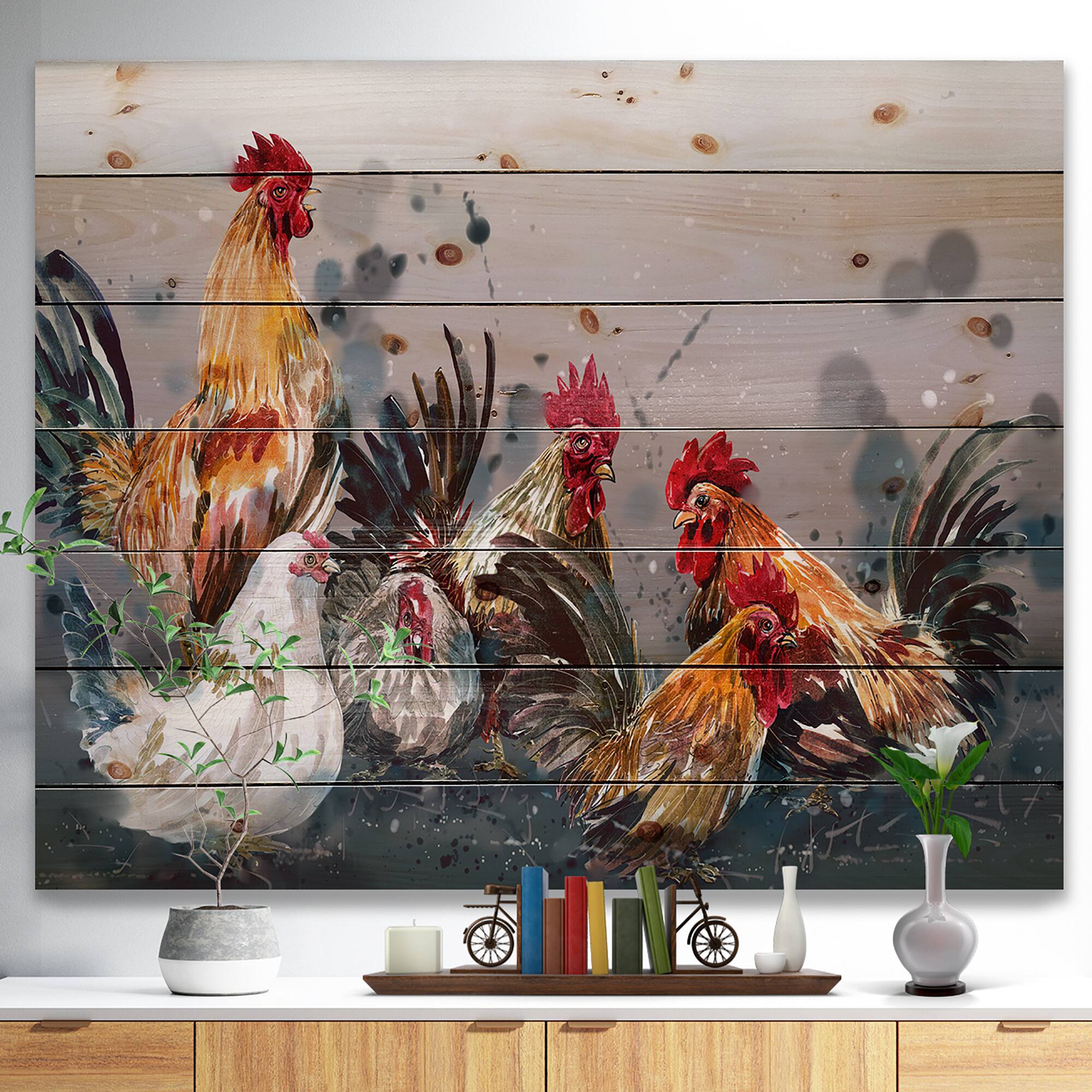 Designart - Group of Rooster in Gray Farm background
