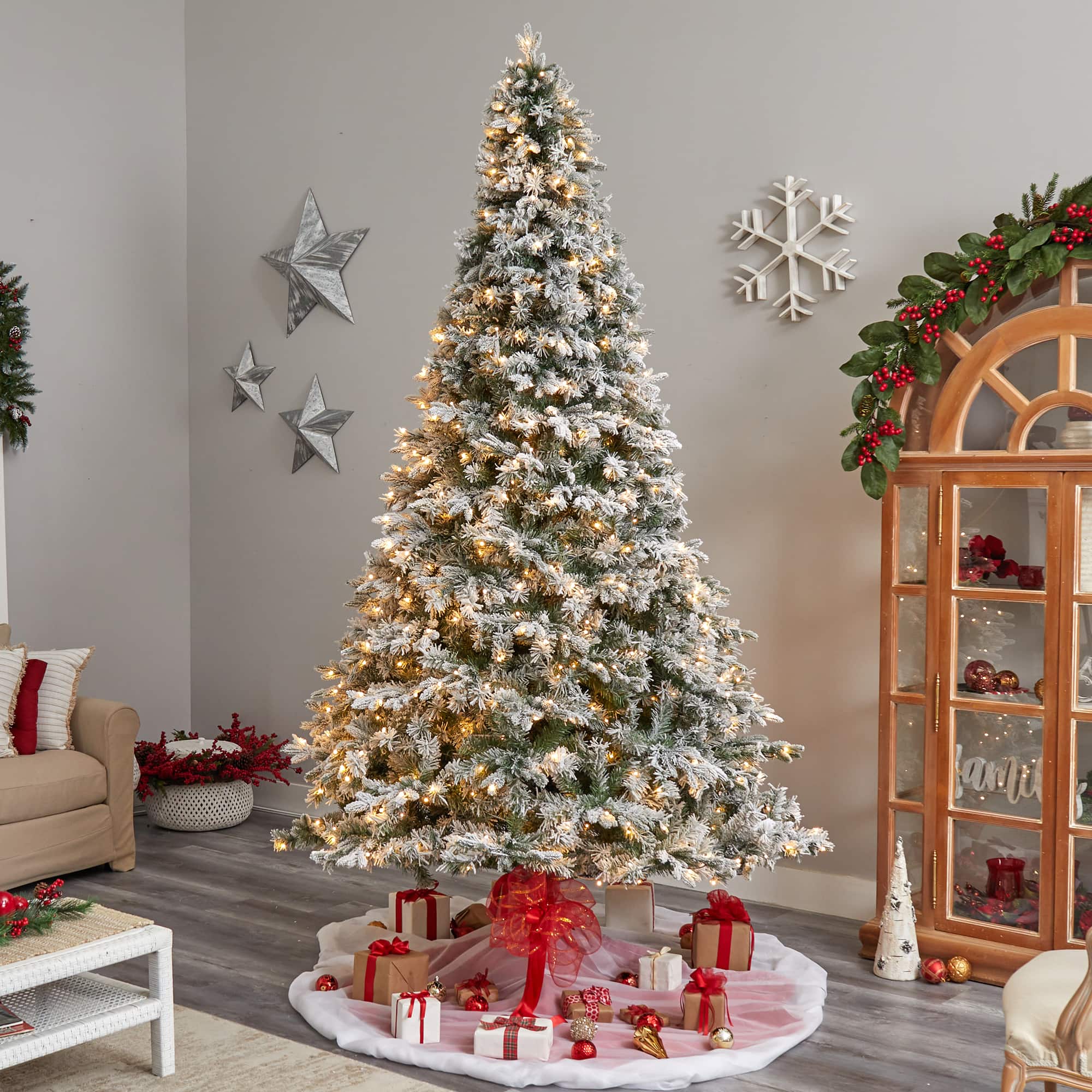 10ft. Pre-Lit Flocked Vermont Mixed Pine Artificial Christmas Tree, Clear LED Lights