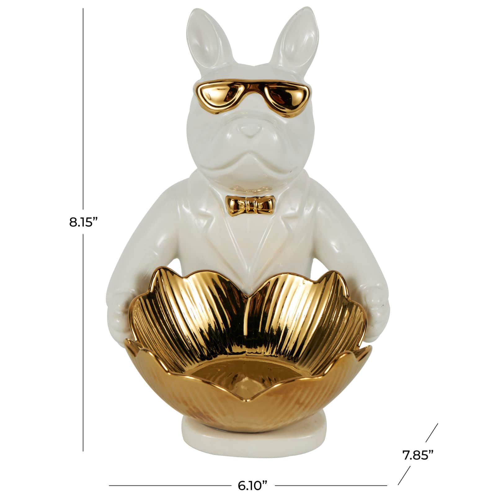 8" White Ceramic Bulldog Sculpture with Gold Accents