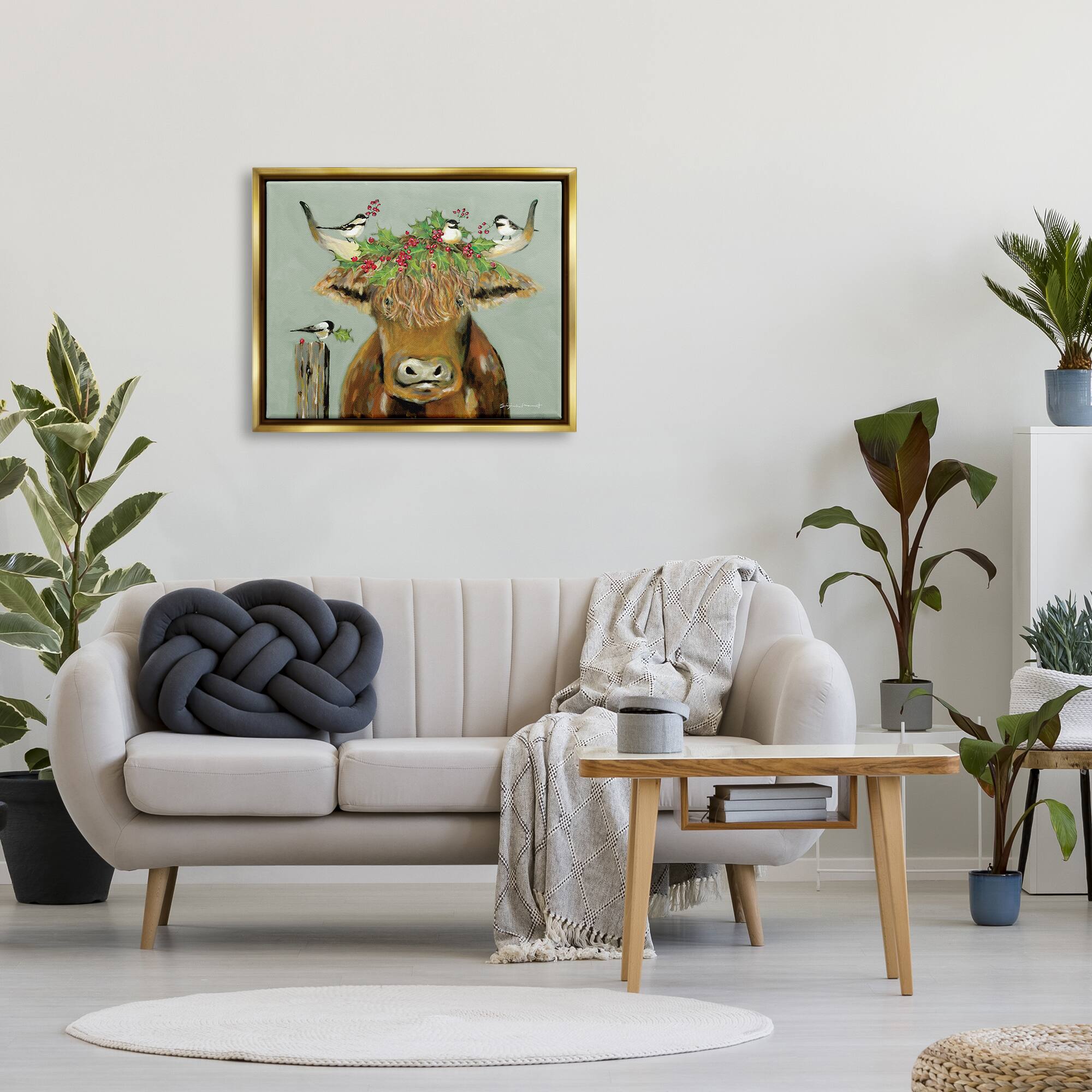Stupell Industries Cattle & Birds Holiday Holly Framed Floater Canvas Wall Art