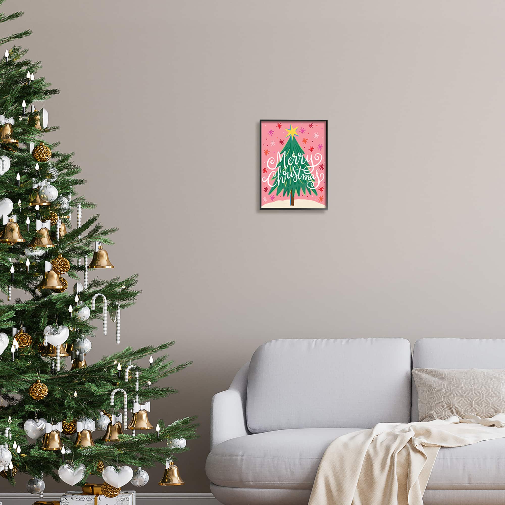 Stupell Industries Merry Christmas Pink Starry Pattern Framed Giclee Art