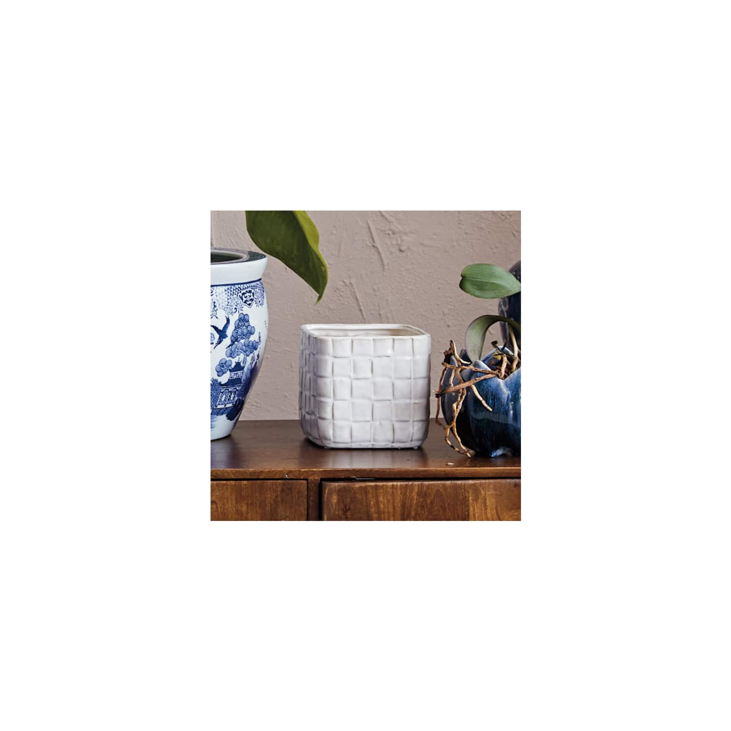 Hello Honey® 6.25" White Debossed Woven Grid Patterned Stoneware Planter