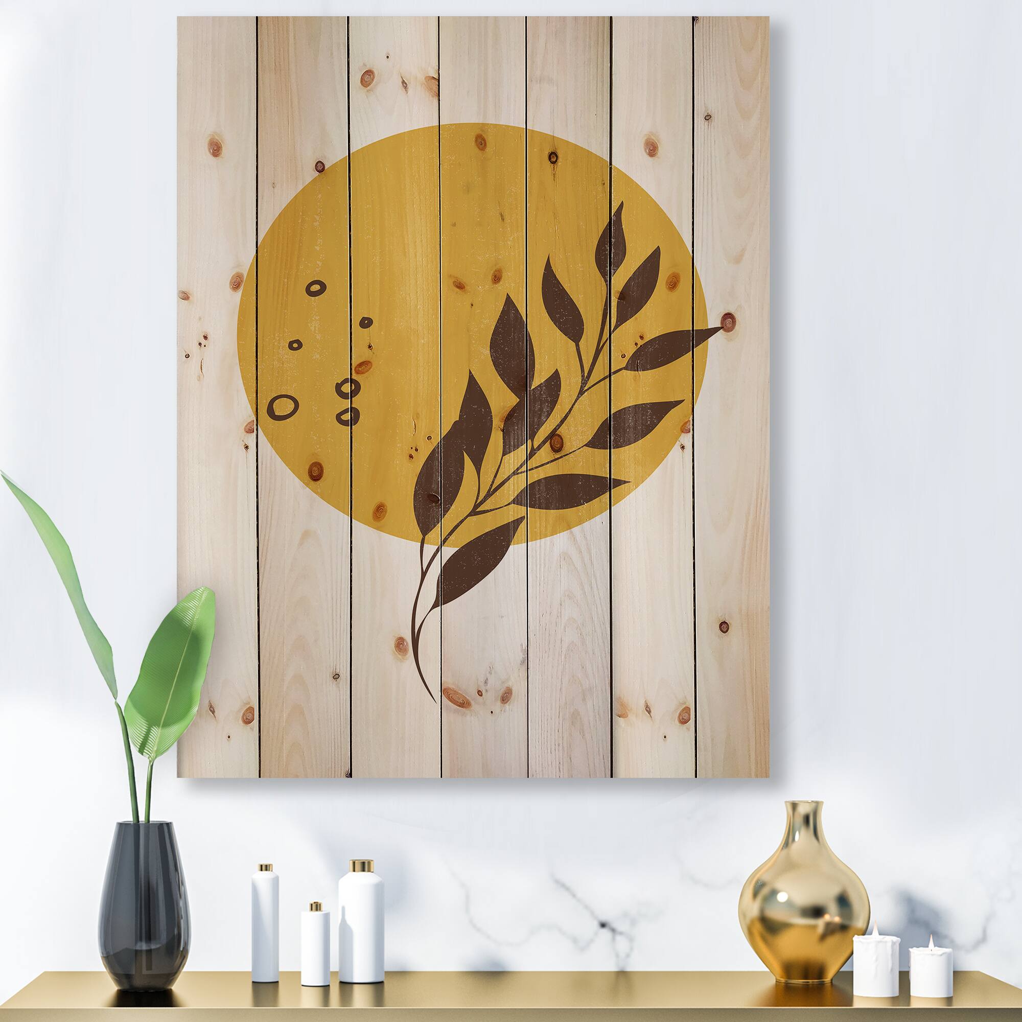 Designart - Abstract Yellow Sun and Moon With Tropical Leaf II - Modern Print on Natural Pine Wood