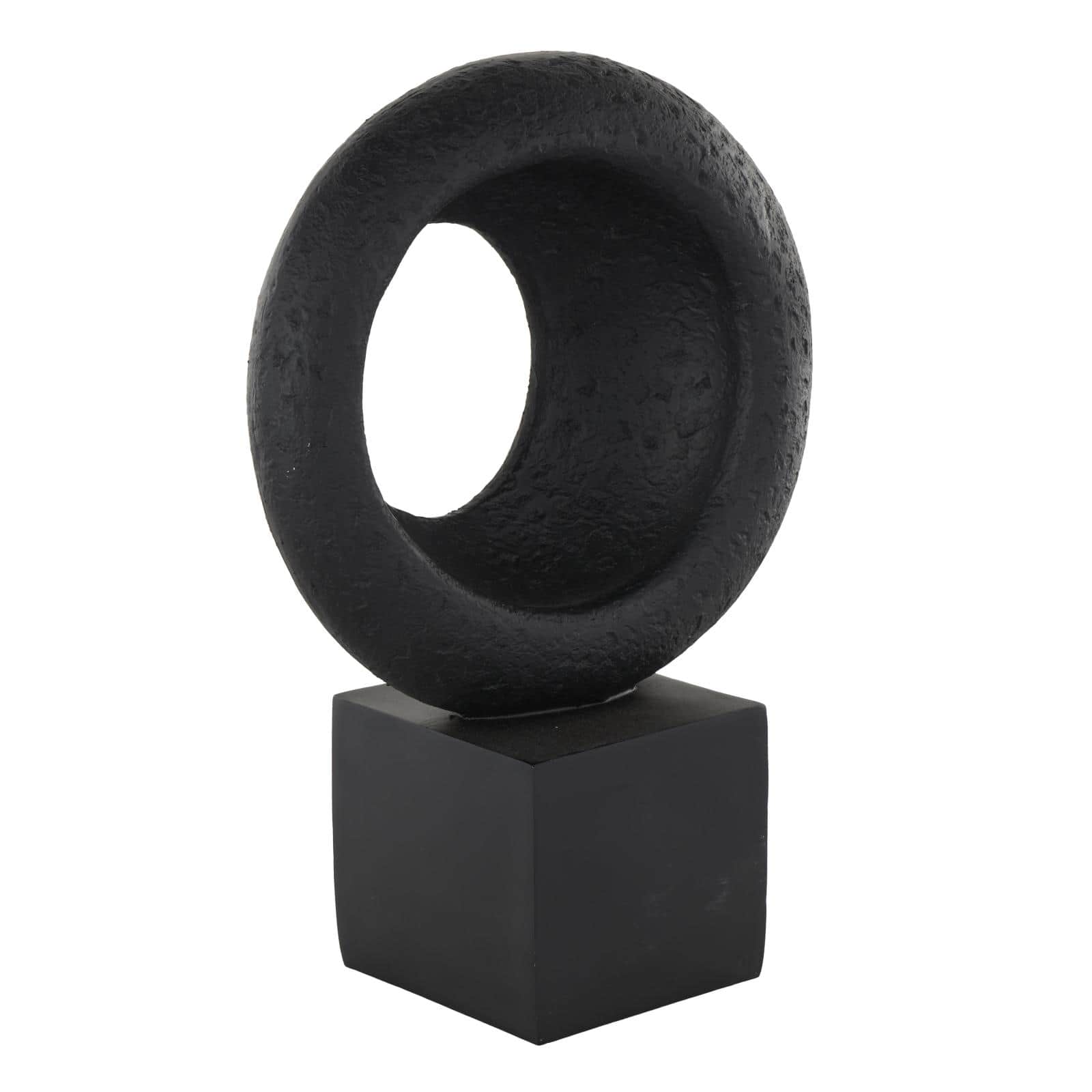 14.25" Black Polystone Geometric Textured Cutout Ring Sculpture with Block Base