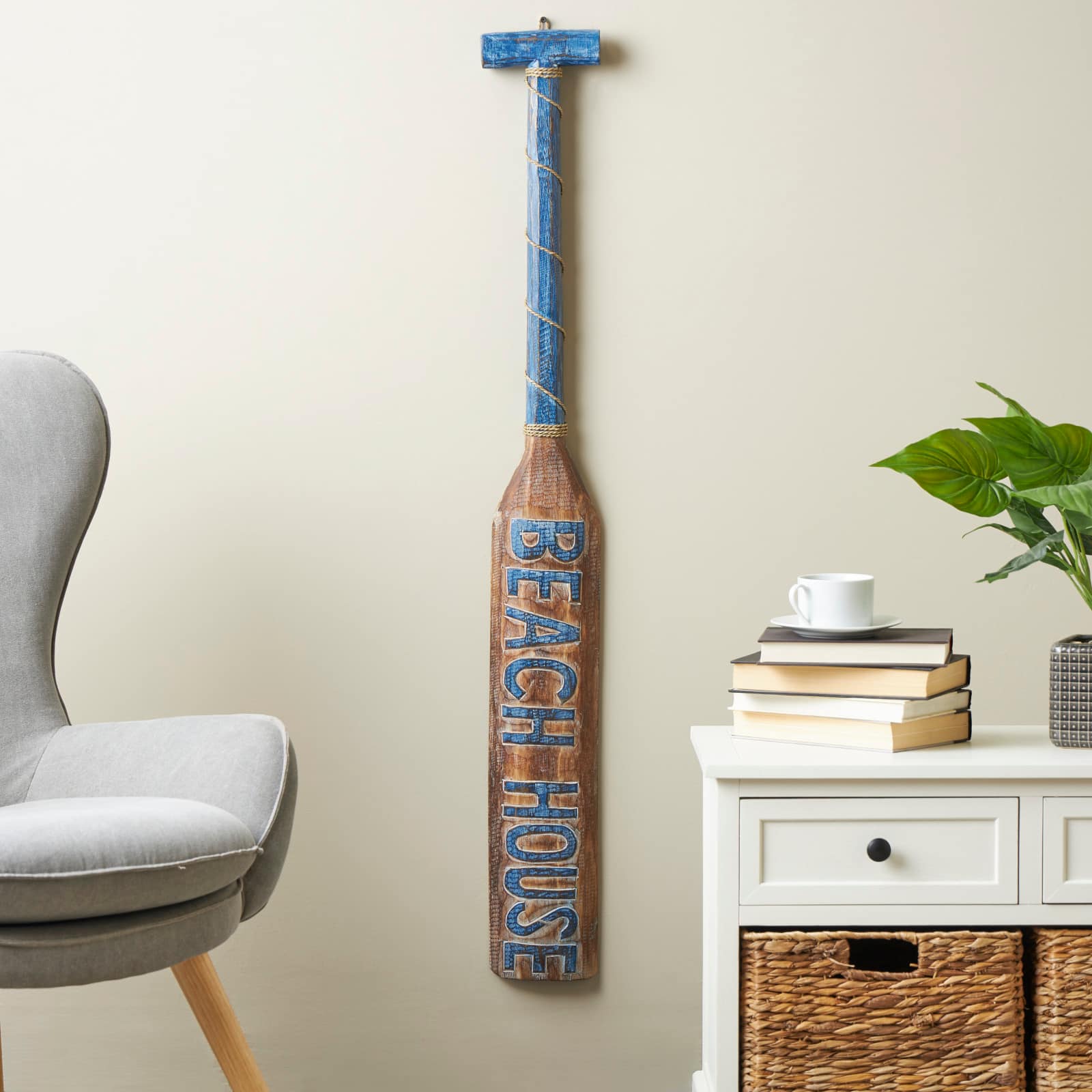 Brown Wood Paddle Beach House Sign Wall Decor with Blue Accents and Rope