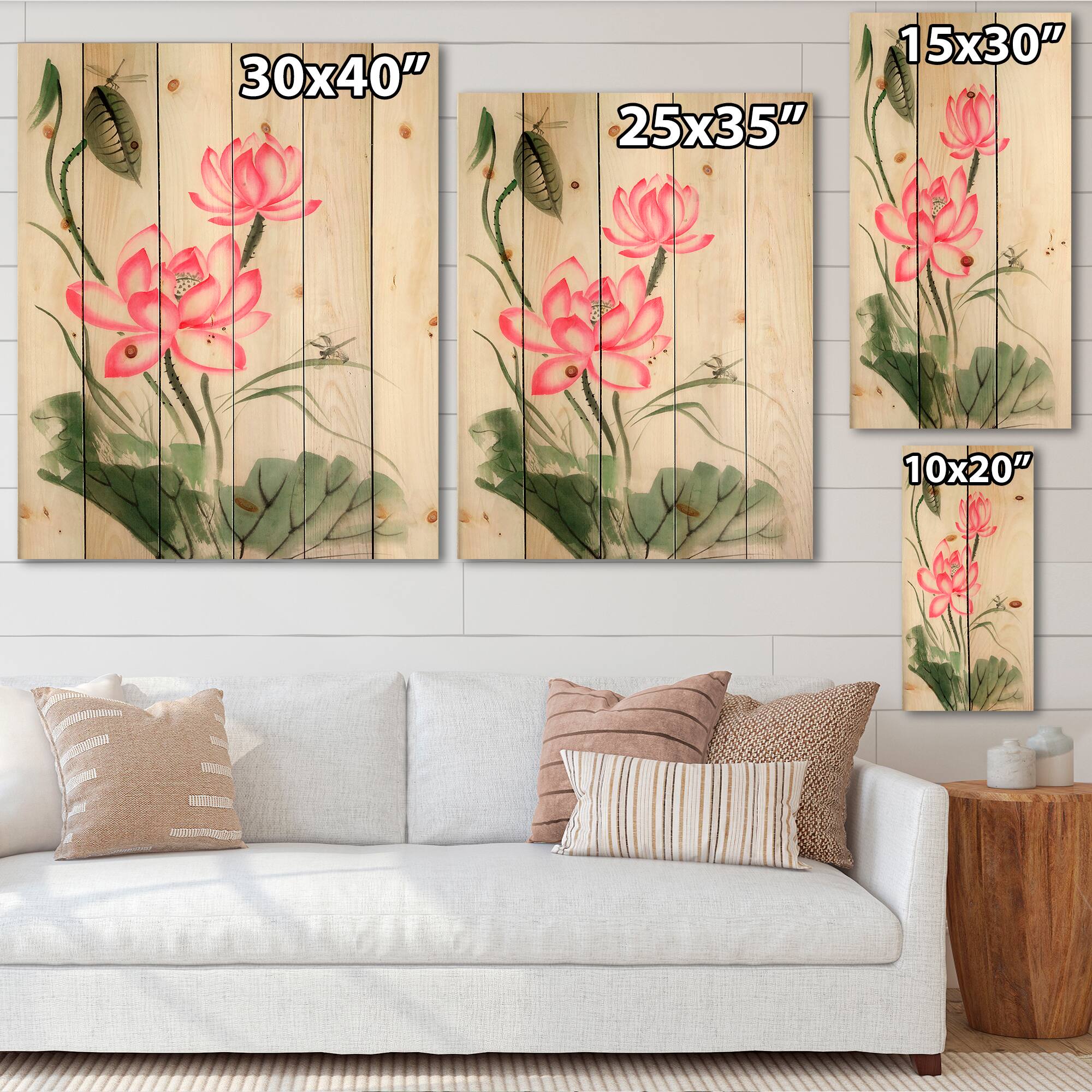 Designart - Lotus and The Dragonfly I - Traditional Print on Natural Pine Wood