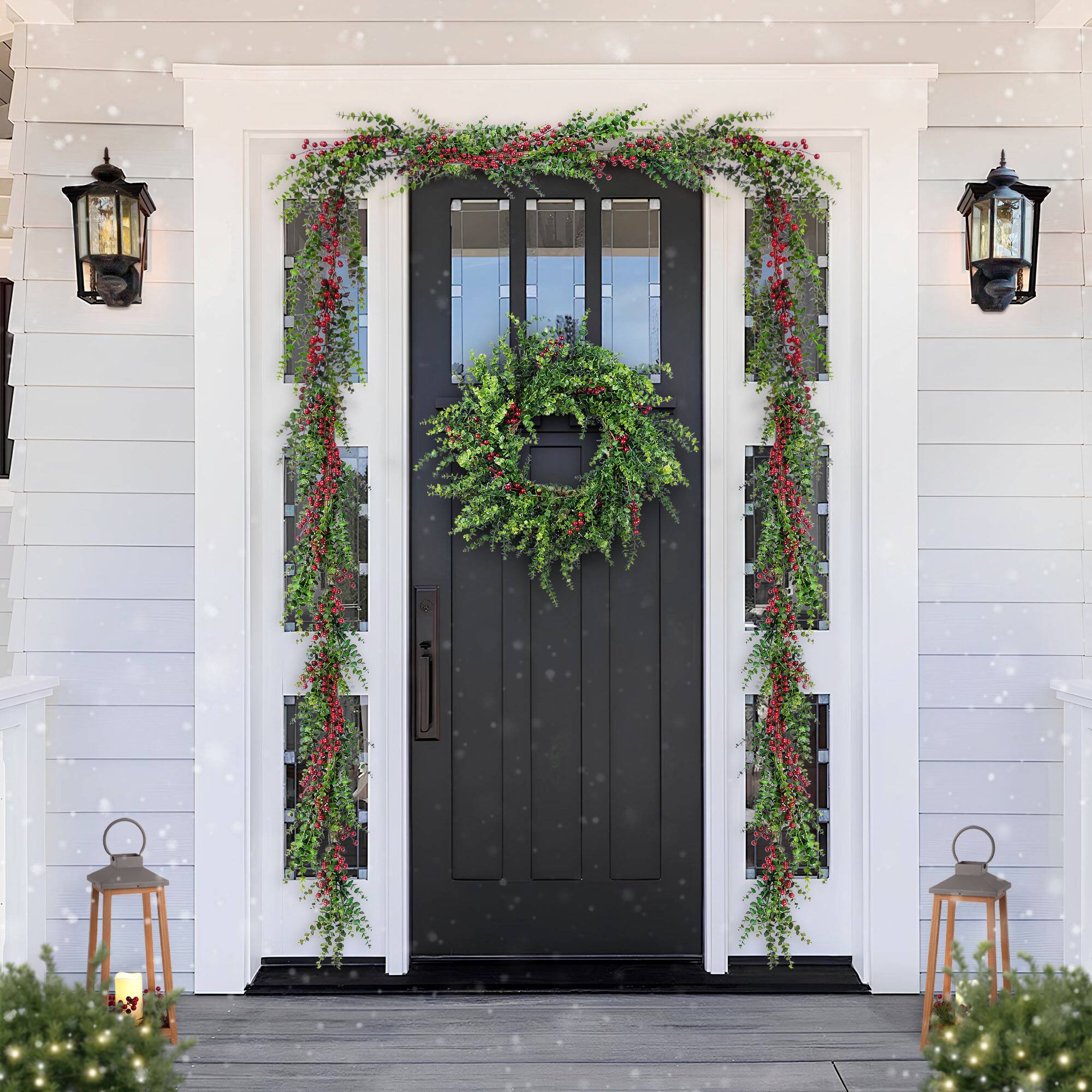 Glitzhome® 9ft. Christmas Greenery PE Dripping Eucalyptus Garland with Red Berries, Set of 2