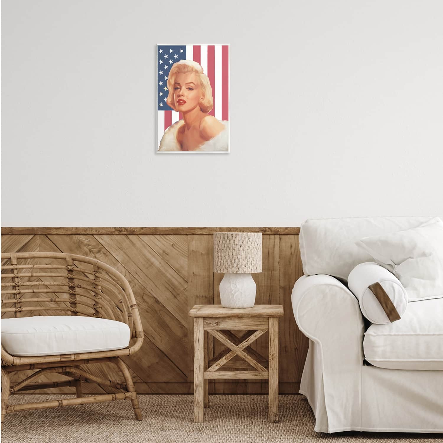 Stupell Industries Vintage Americana Icon Marilyn over US Flag Wall Plaque Art