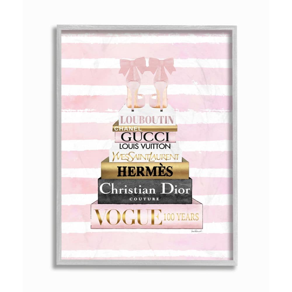 Stupell Industries Glam Fashion Heals with Bookstack and Pink Stripes Framed Wall Art