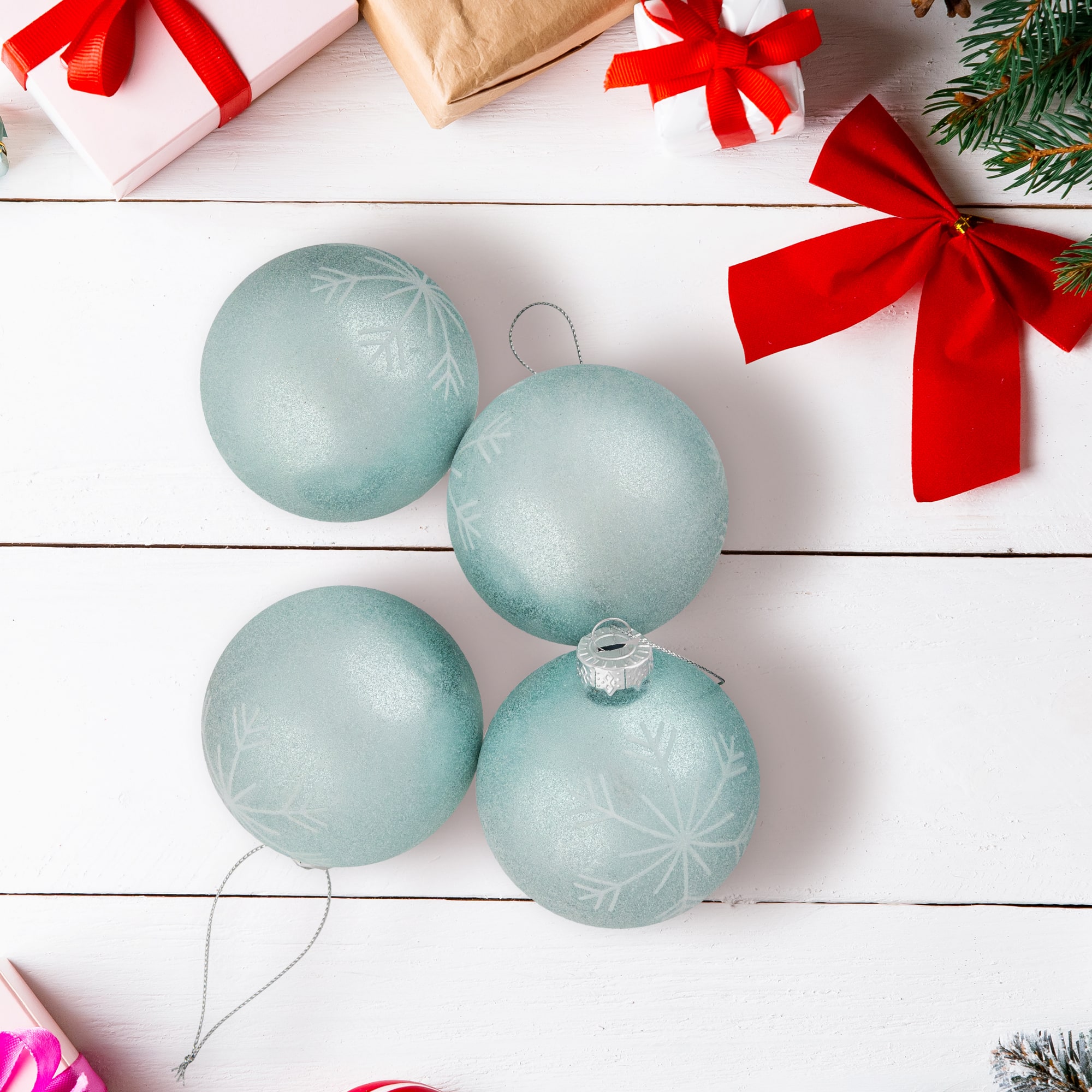 4ct. 3.25" Blue & Silver Snowflake Glass Christmas Ball Ornaments