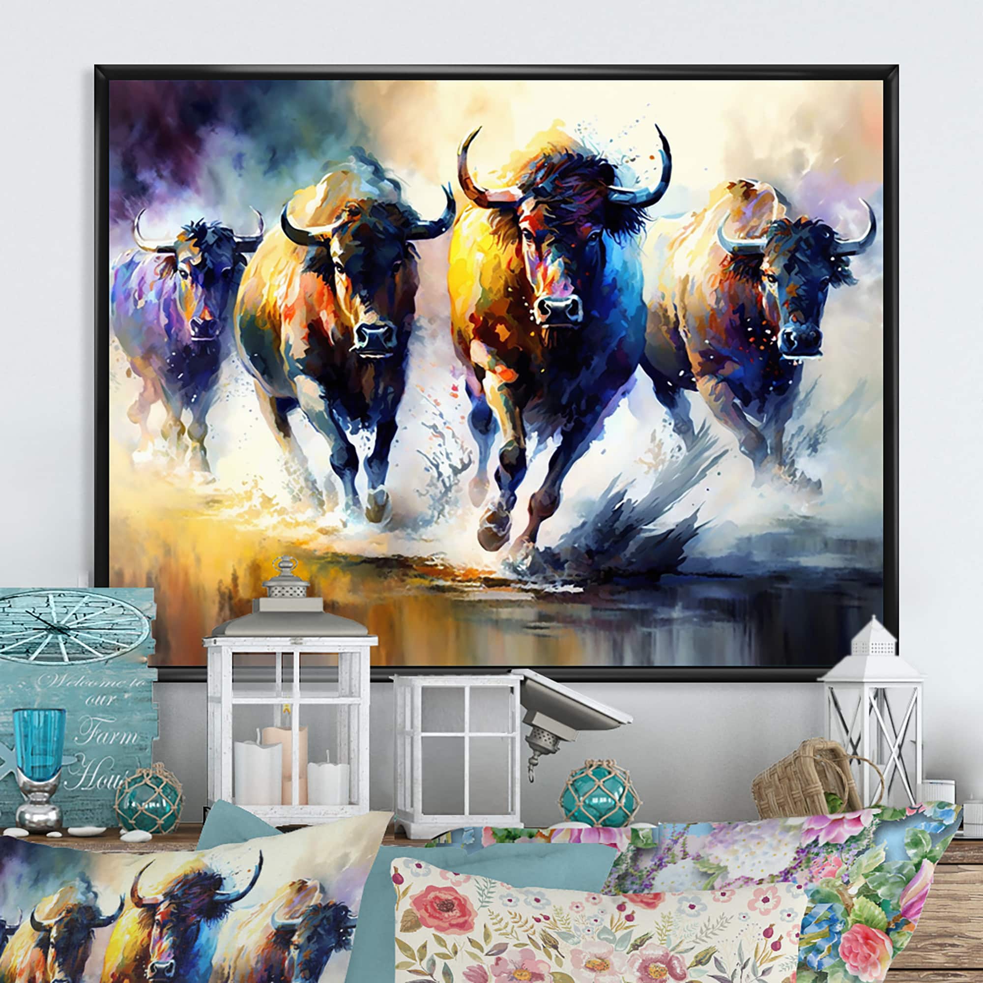 Designart 'Buffalo's Running' Animals Framed Canvas Wall Art