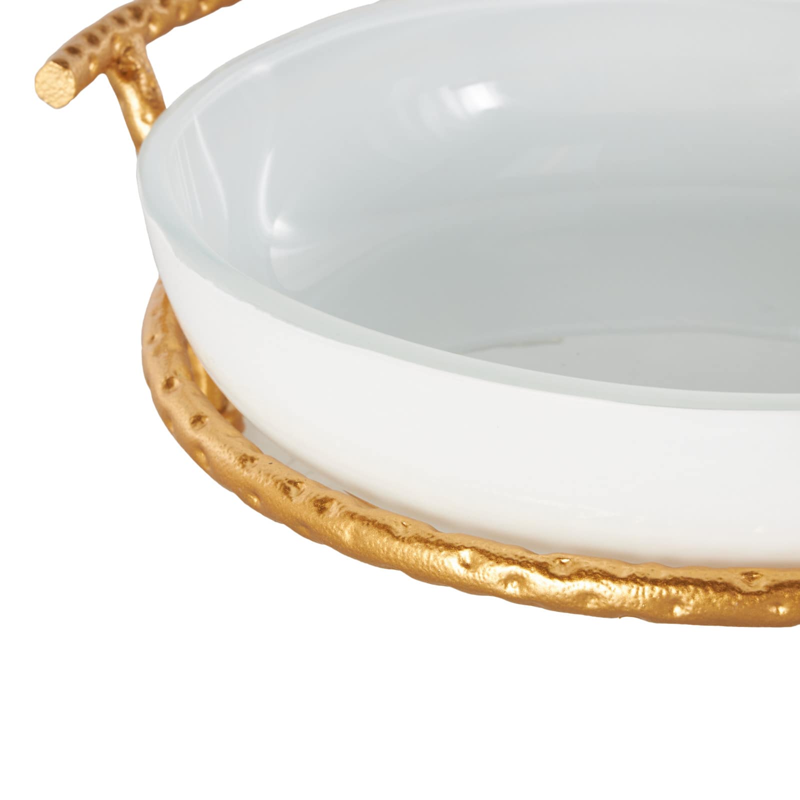 14.5" White Tempered Glass Kitchen Serving Bowl with Gold Metal Stand