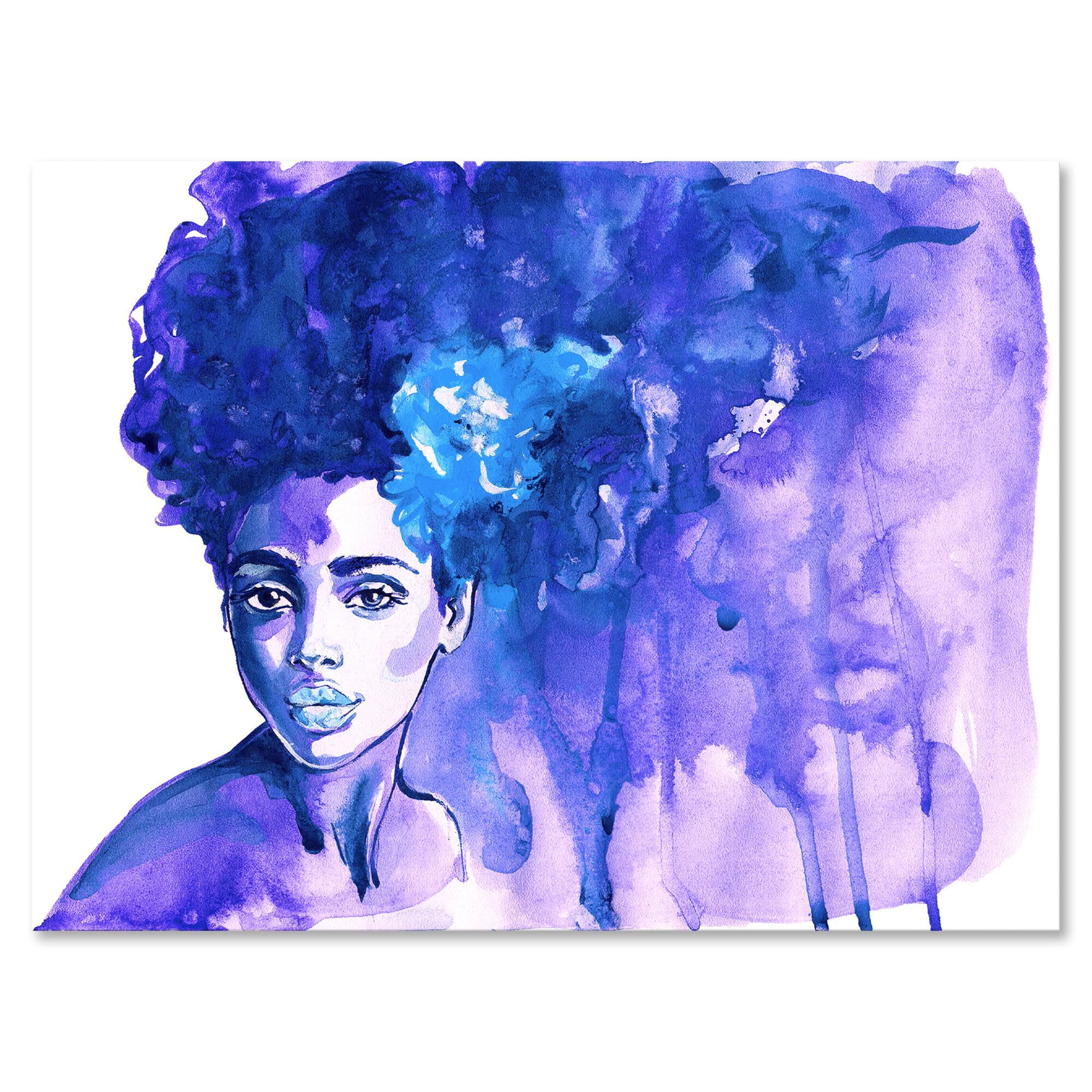 Designart - Glorious Blue Portrait of African American Woman - Modern Canvas Wall Art Print