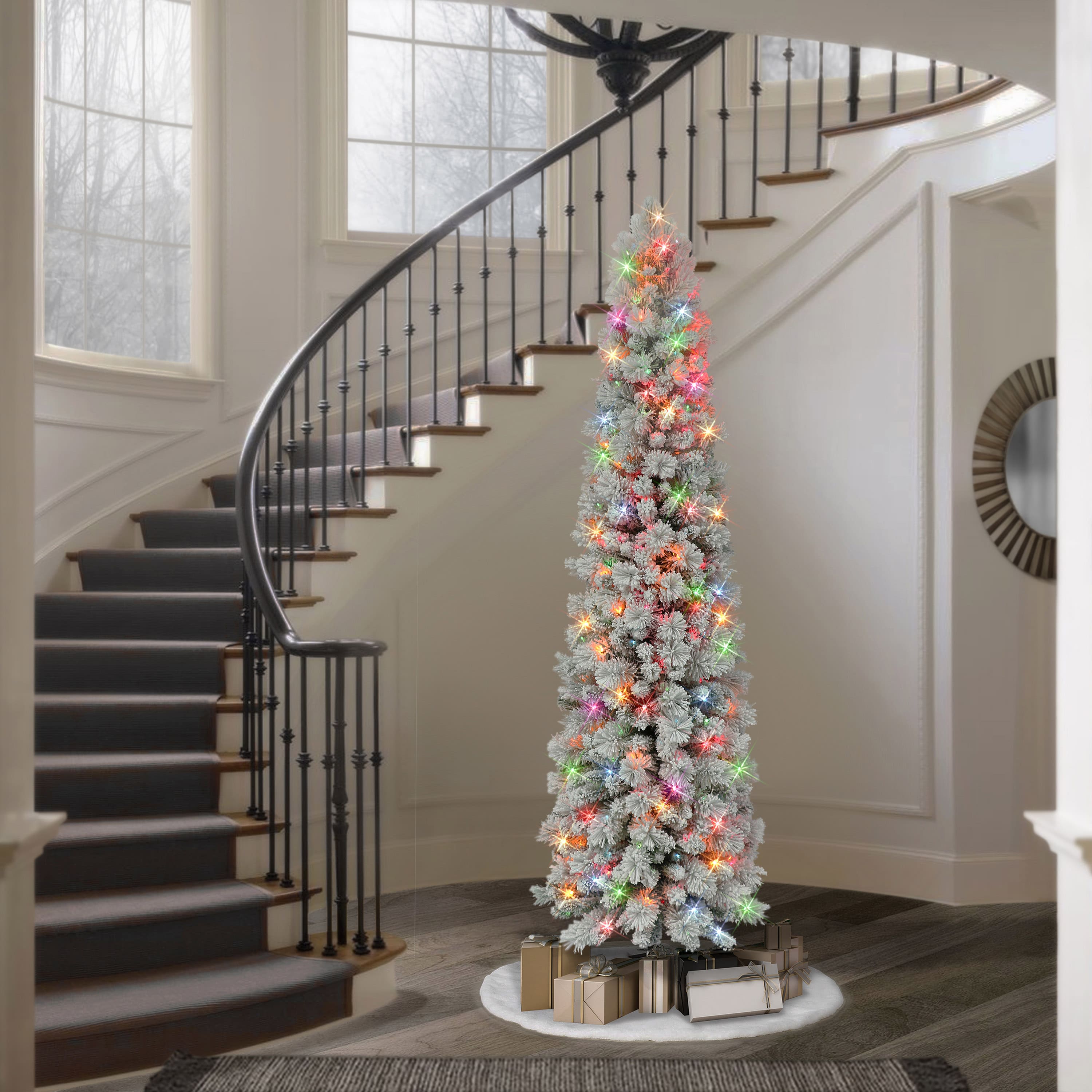 7.5ft. Pre-Lit Flocked Portland Pine Artificial Pencil Tree, Multicolor Lights