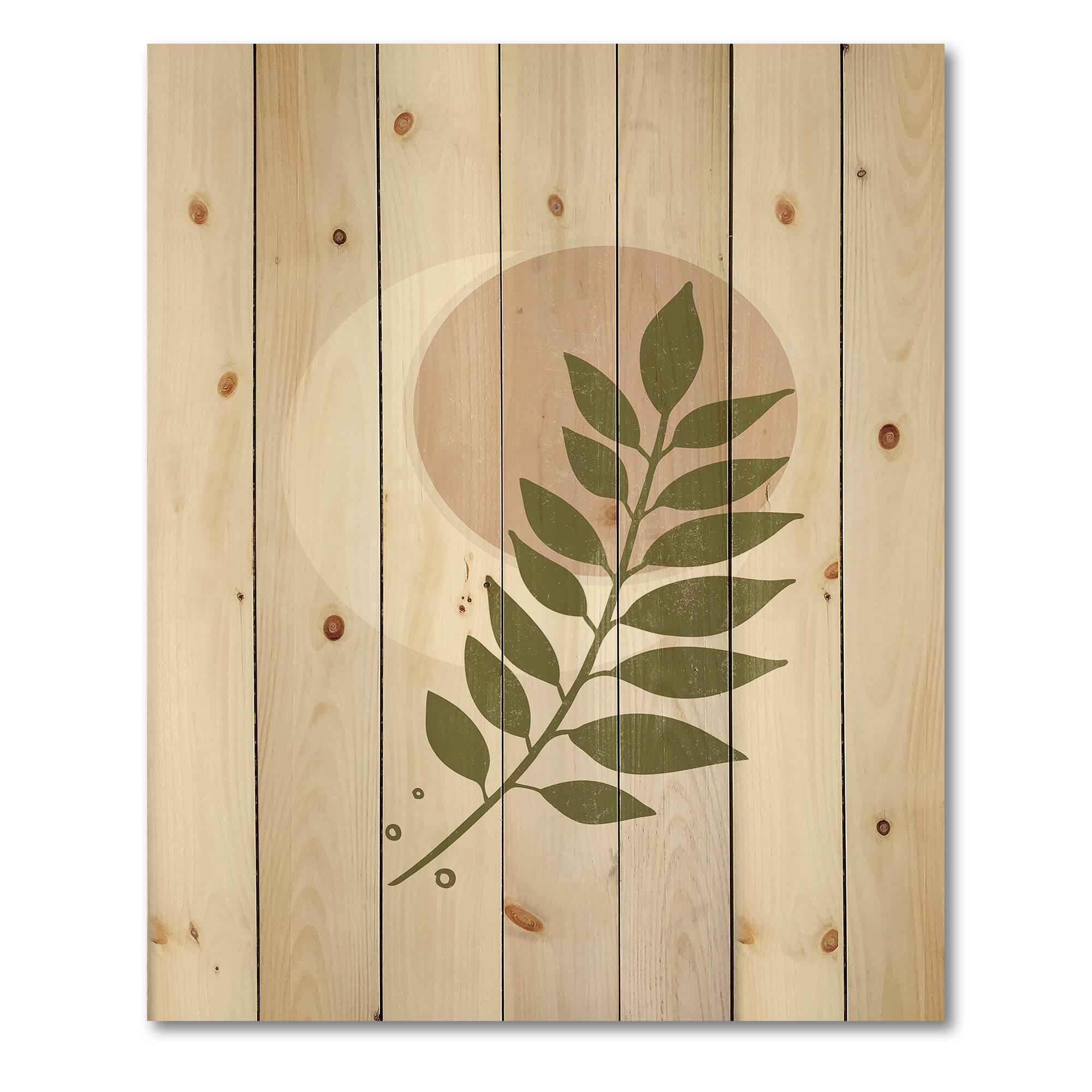 Designart - Abstract Geometrical Moon With Leaf IV - Modern Print on Natural Pine Wood
