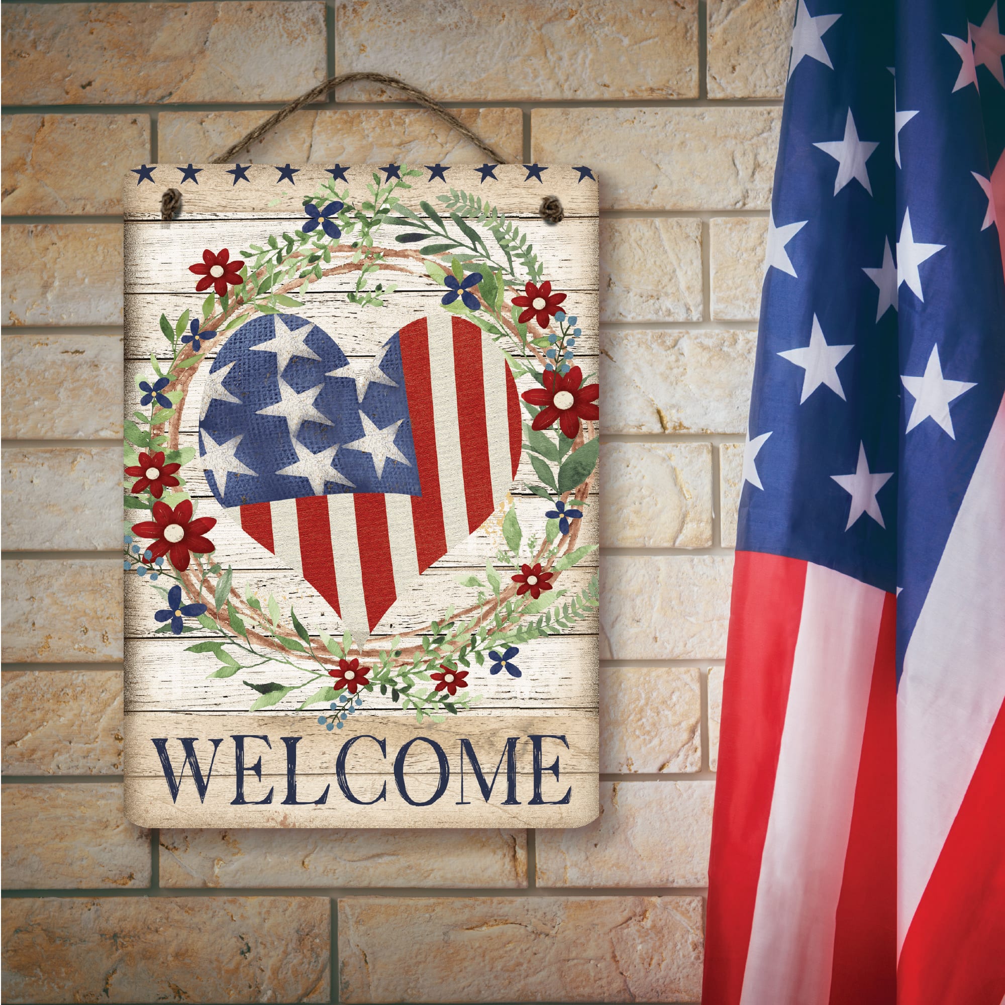 Courtside Market® Celebrate 250™ 12" x 16" Wounded Warrior Project® Patriotic Heart Wreath Hanging Wooden Artboard with Twine