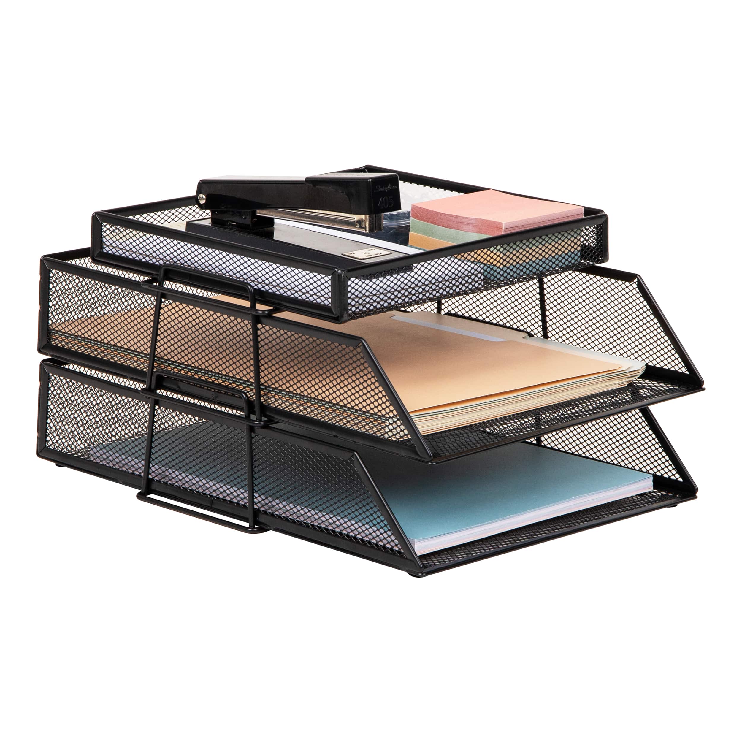 Mind Reader 2 Tier Paper Tray with Top Supply Compartment, Desktop File Organizer, Metal Mesh, Black
