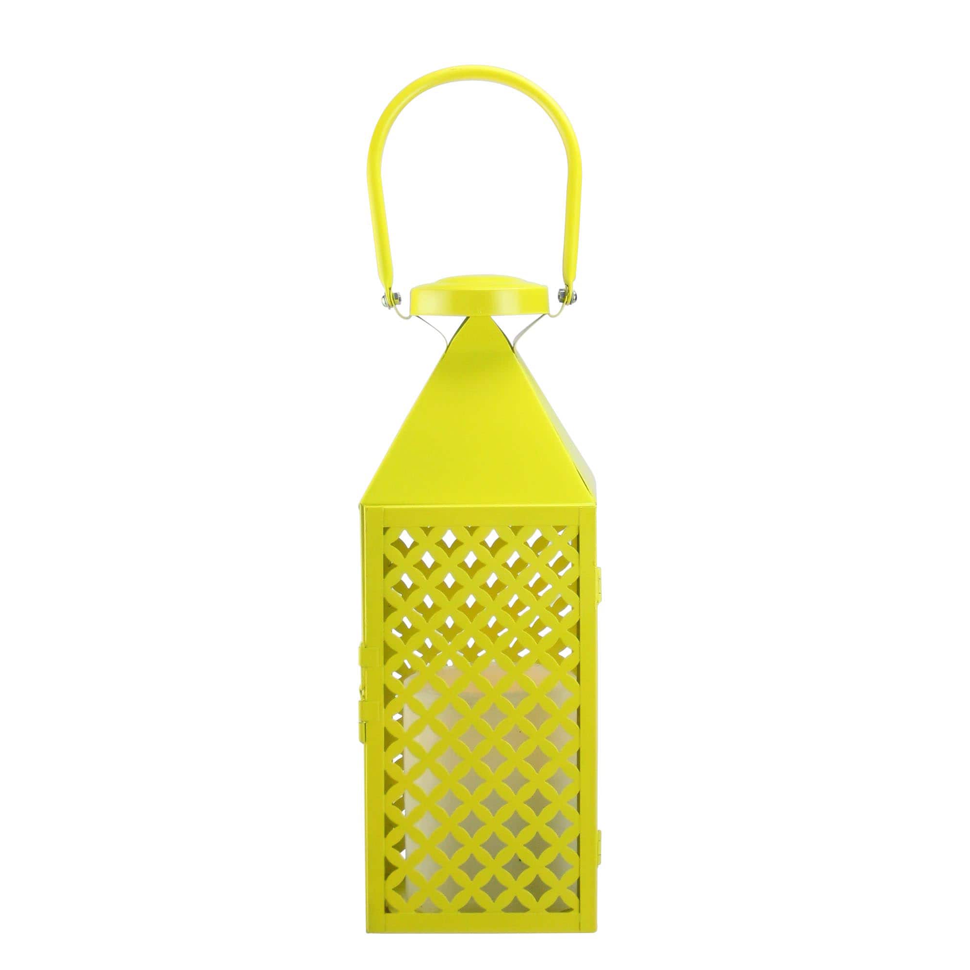 13.5" Fancy Fair Lemon Yellow Diamond Candle Lantern