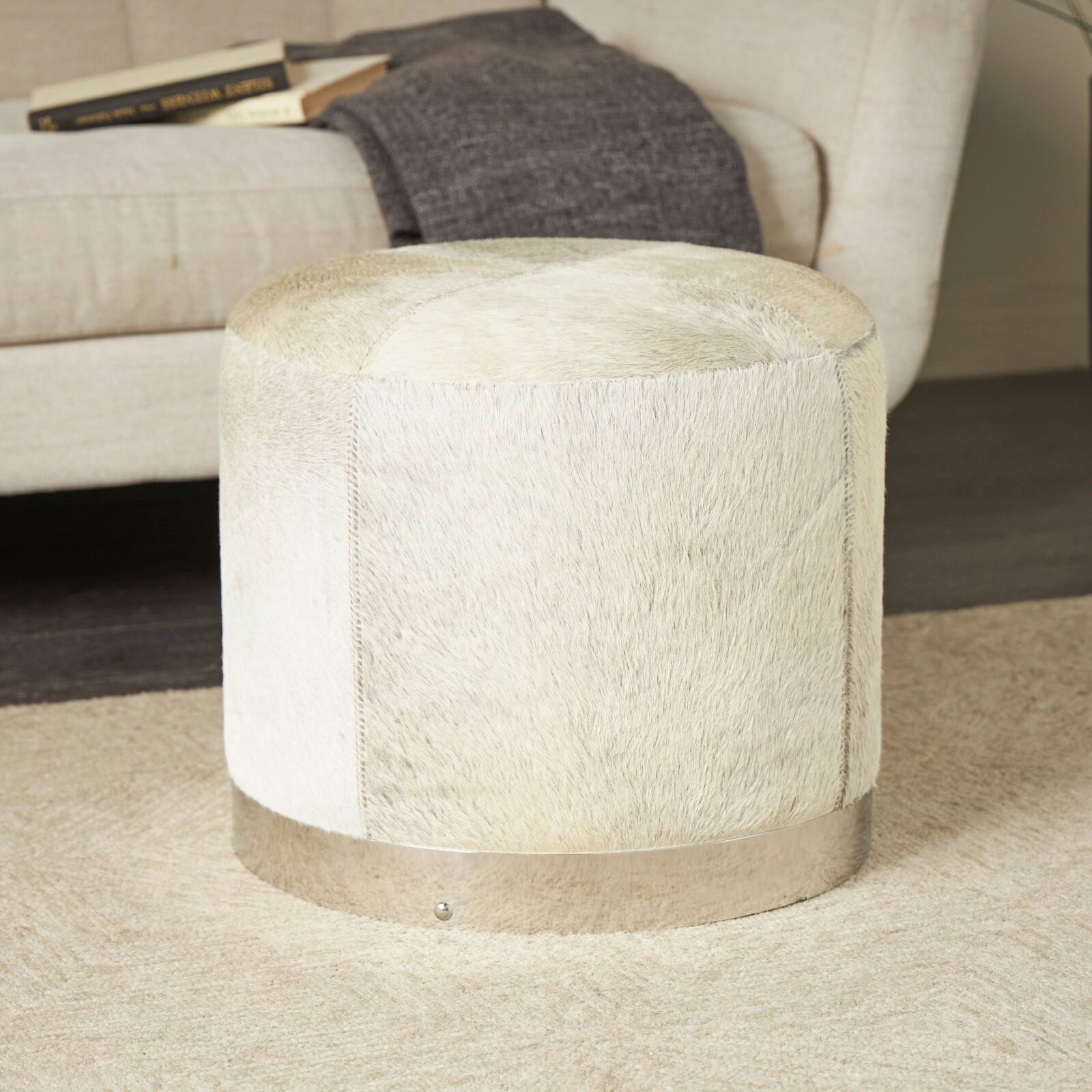 17" Gray Leather Patchwork Stool with Silver Metal Base