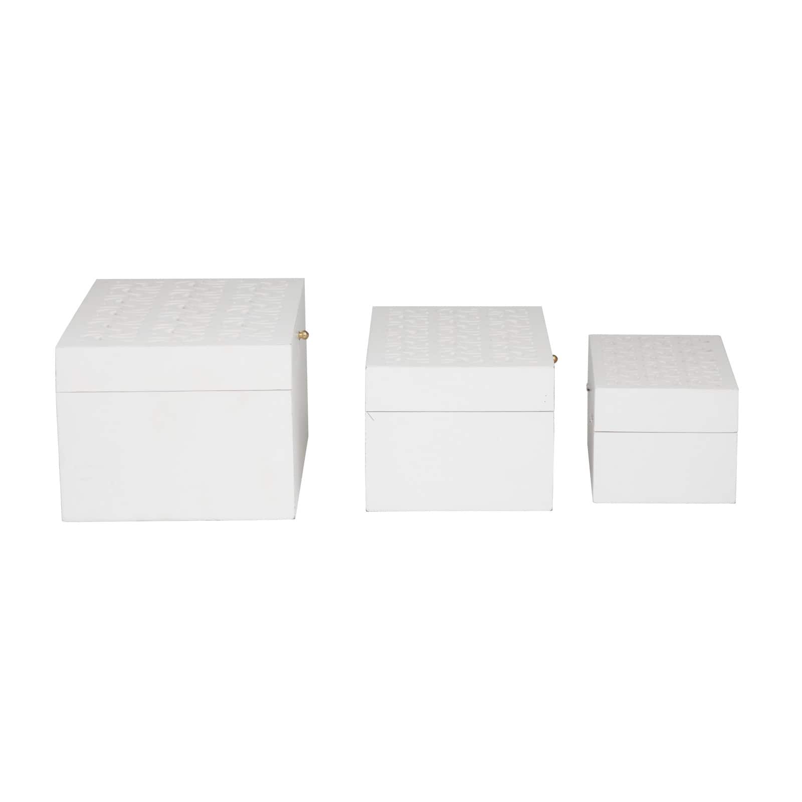 White Wood Intricate Carved Box with Hinged Lid Set