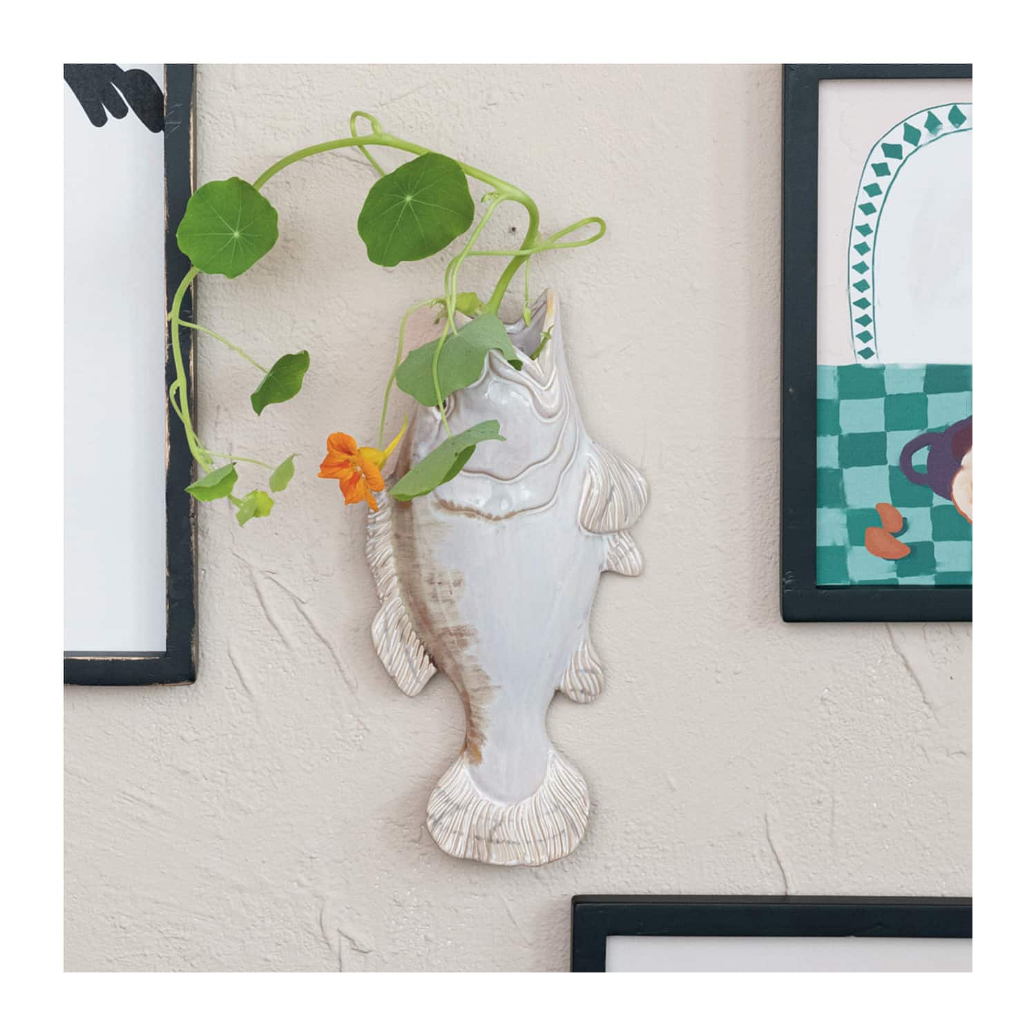 Hello Honey® 11.75" White & Tan Reactive Glaze Stoneware Fish Shaped Wall Vase