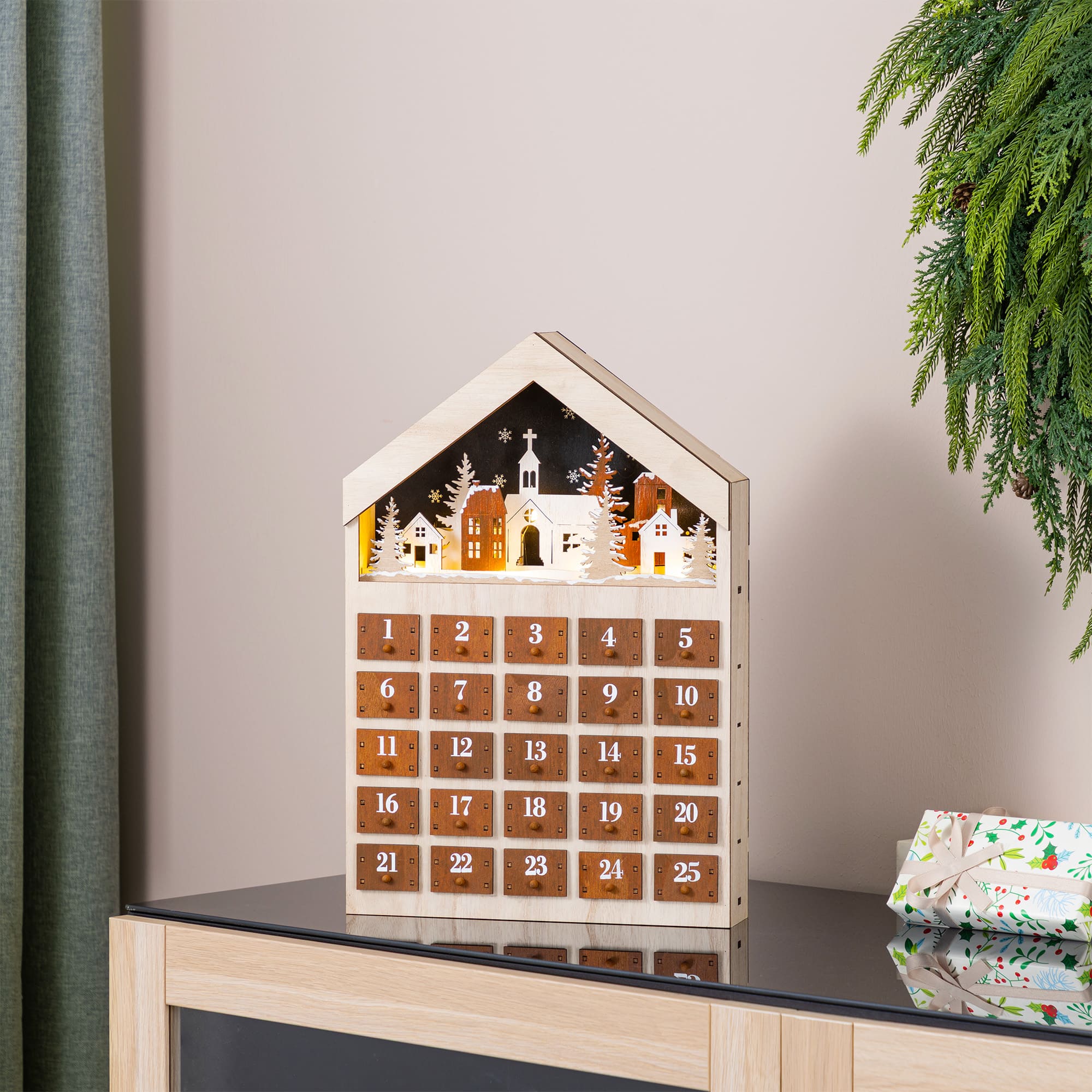 Glitzhome® 15.75" Lighted Wooden Christmas Village Advent Calendar Decor