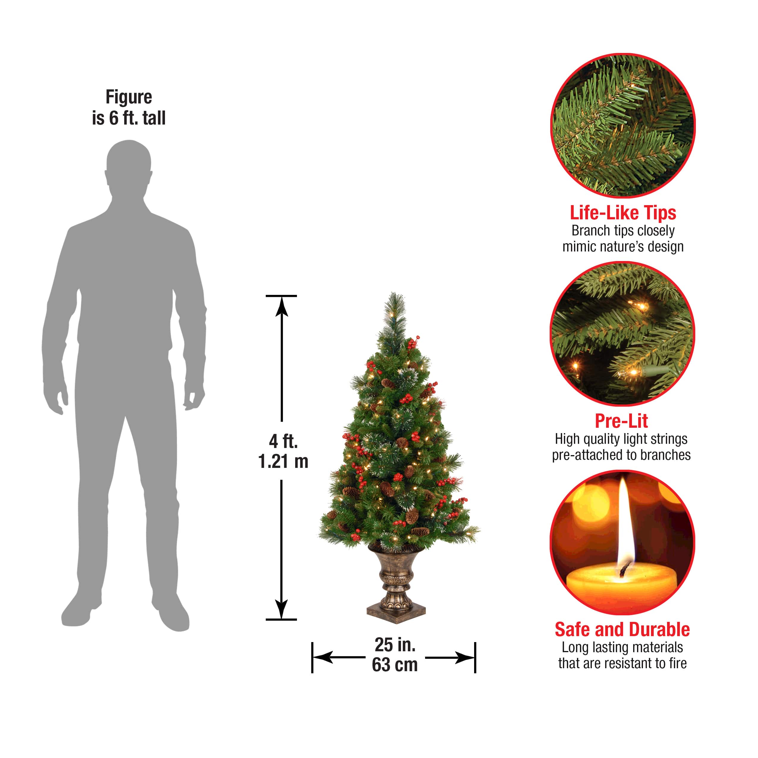4 ft. Pre-Lit & Pre-Decorated Potted Crestwood Spruce Slim Artificial Christmas Tree, Clear Lights