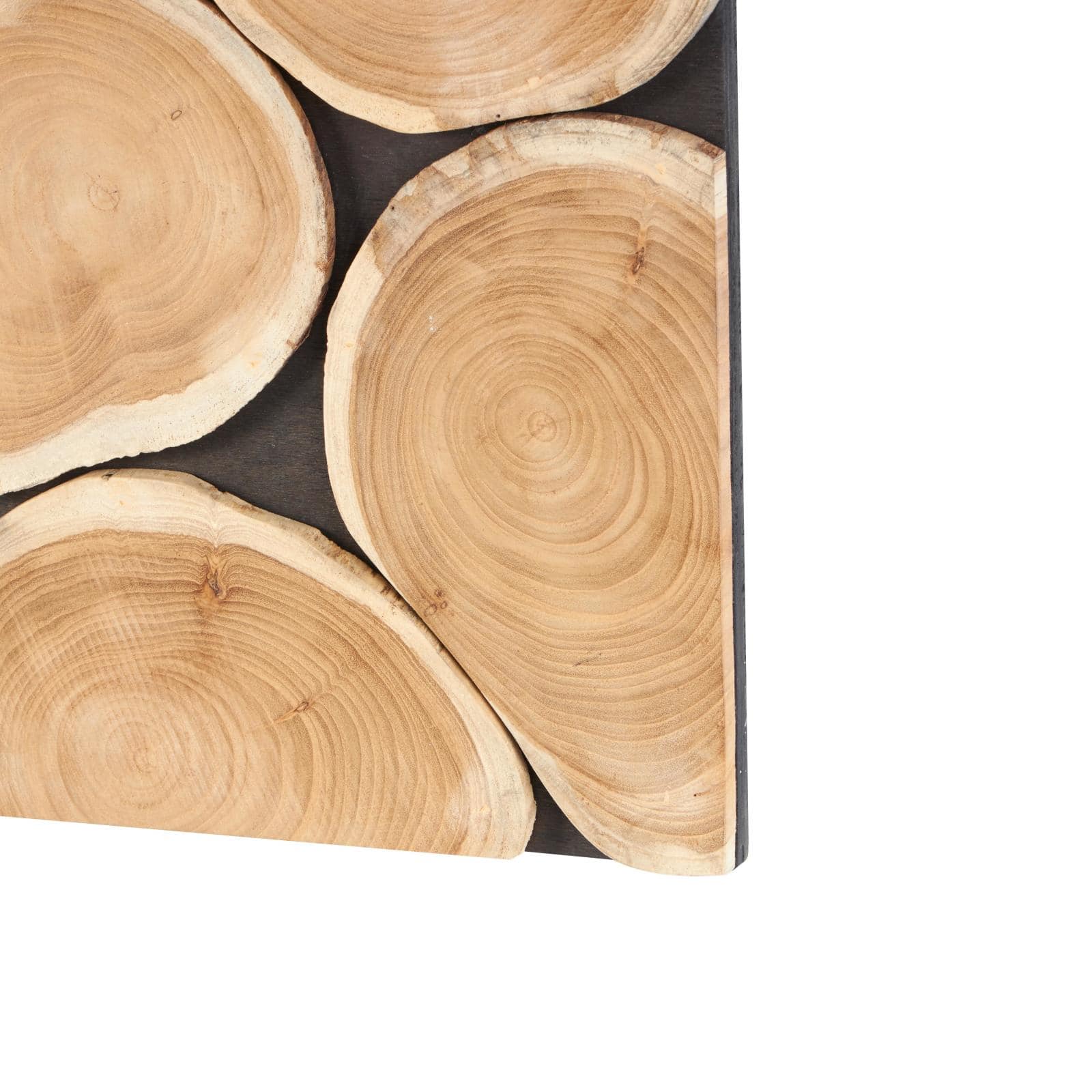 24" x 24" Brown Teak Wood Abstract Handmade Round Mosaic Inspired Wood Slab with Black Backing Wall Décor