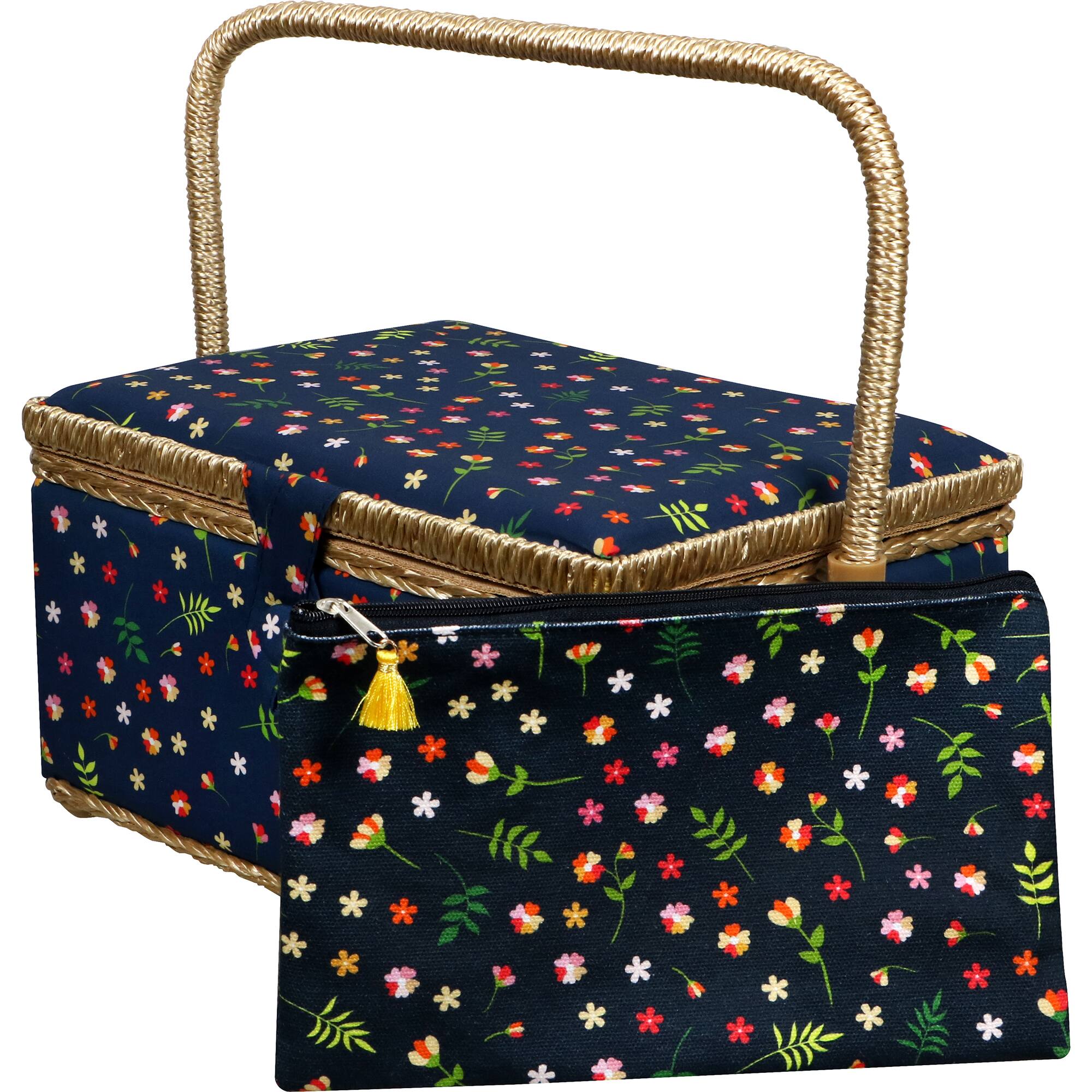 SINGER® Ditsy Floral Print Large Sewing Basket with Matching Zipper Pouch