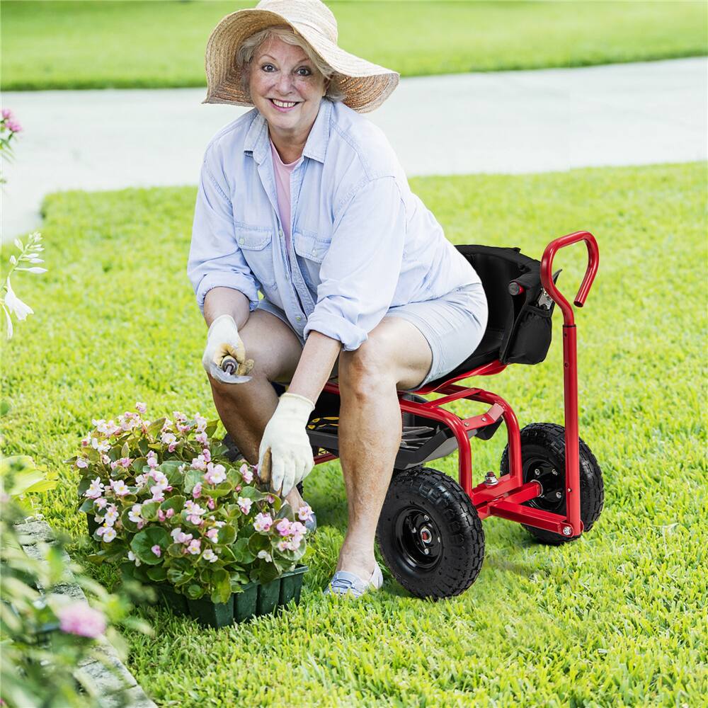 Costway Height-Adjustable Rolling Garden Cart Scooter with Swivel Seat