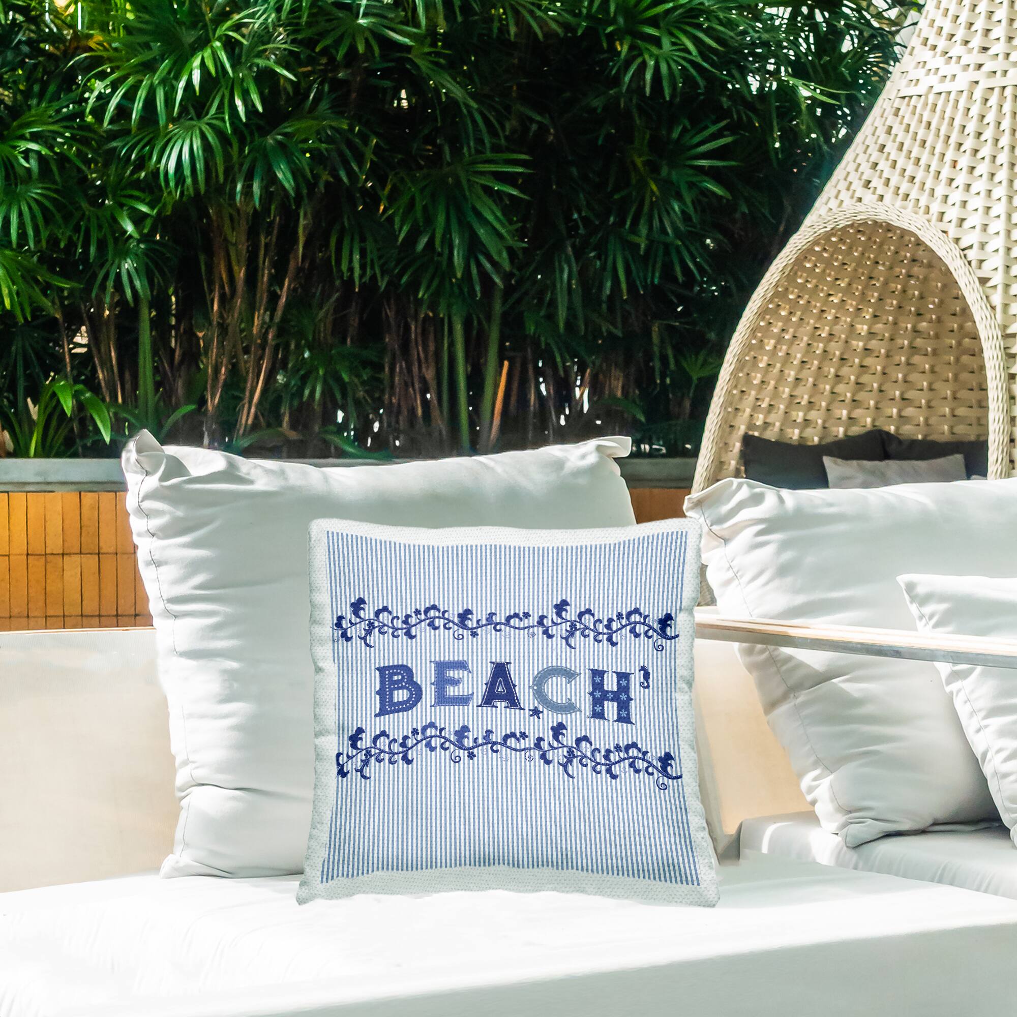 Stupell Industries 18" x 18" Blue Striped Beach Phrase Pattern Print Outdoor Throw Pillow