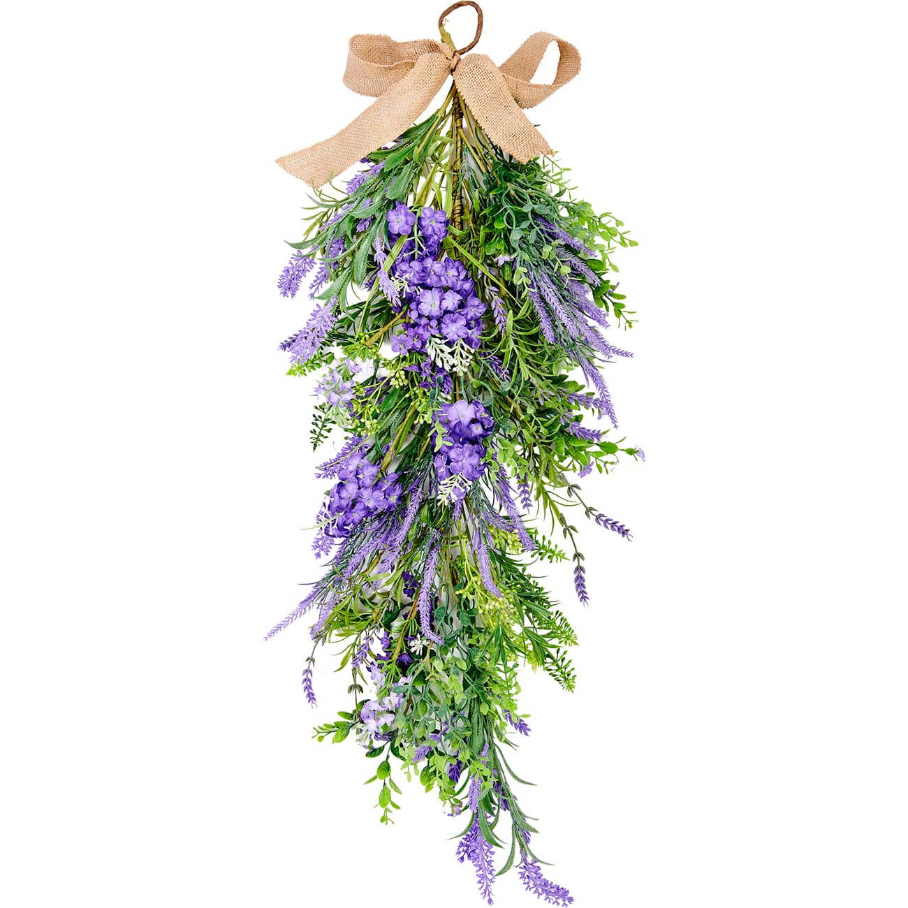 32" Artificial Spring Lavender & Green Leaves Teardrop Swag