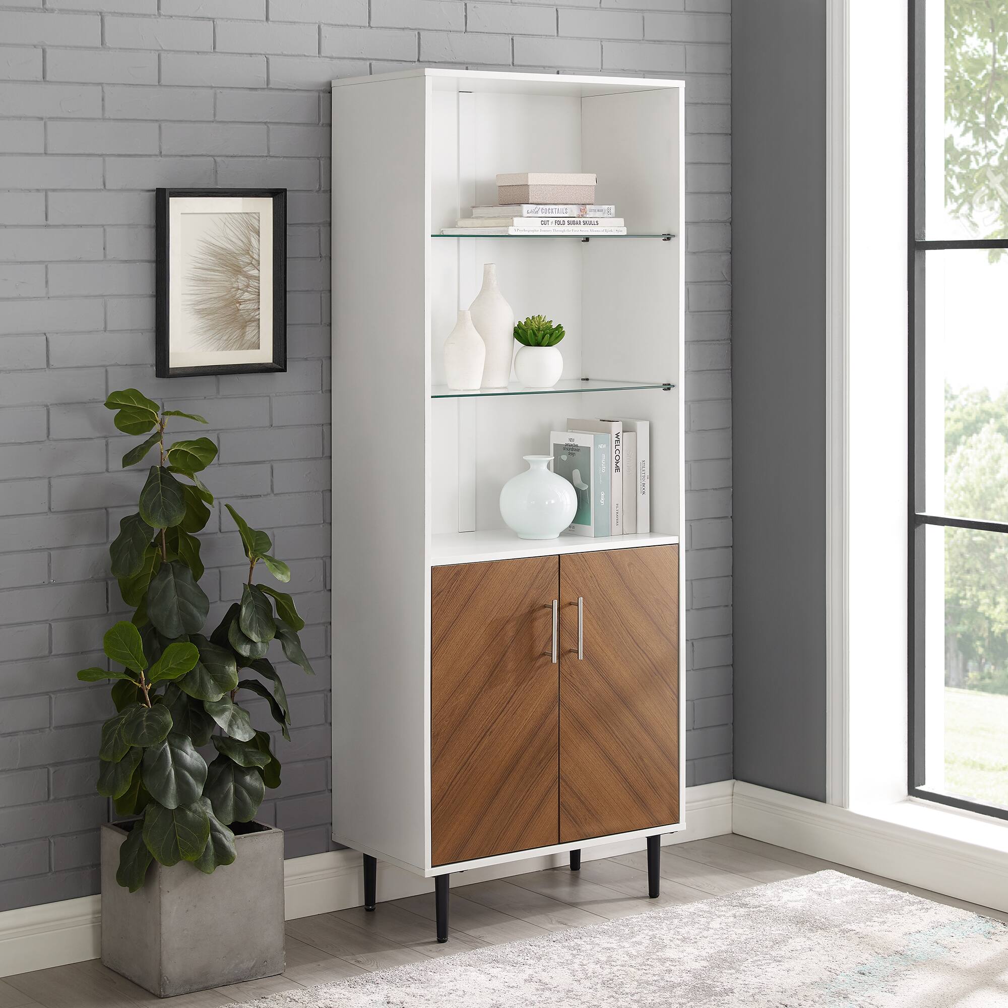 Walker Edison 68" Solid White Hutch with Bookmatch Doors
