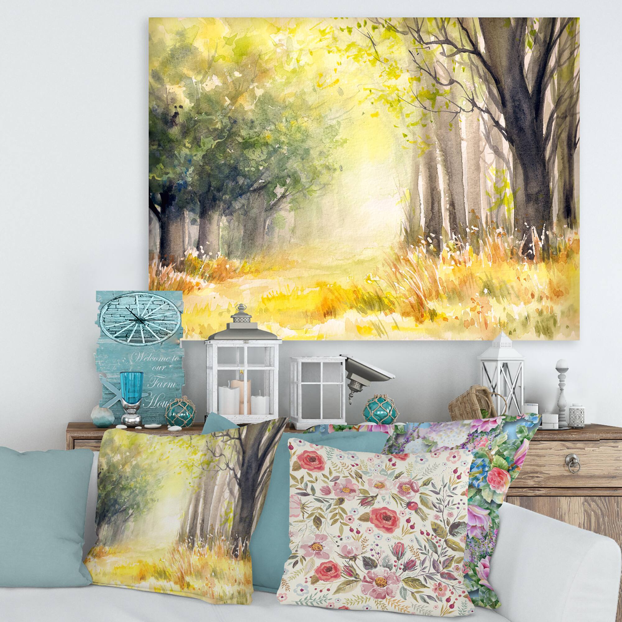 Designart - Bright Sunshine Through The Forest Trees IV - Traditional Canvas Wall Art Print