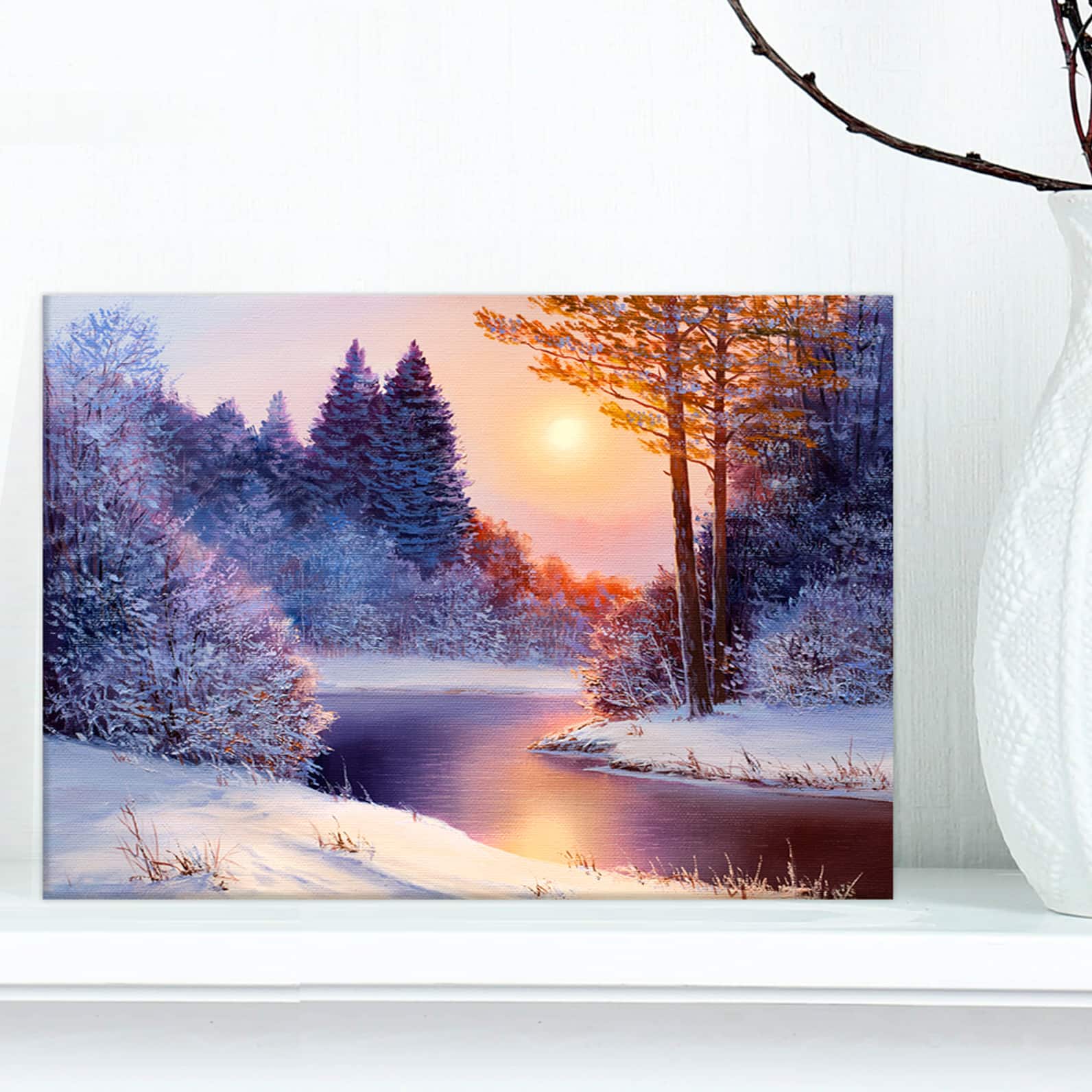 Designart Christmas Forest with River Landscapes Canvas Art