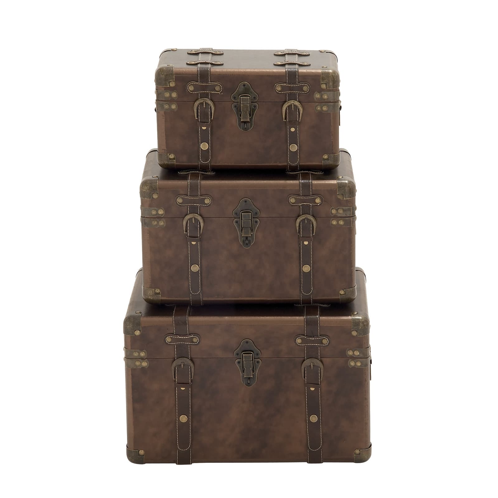 Set of 3" Brown Leather Traditional Trunk, 18", 16", 13"