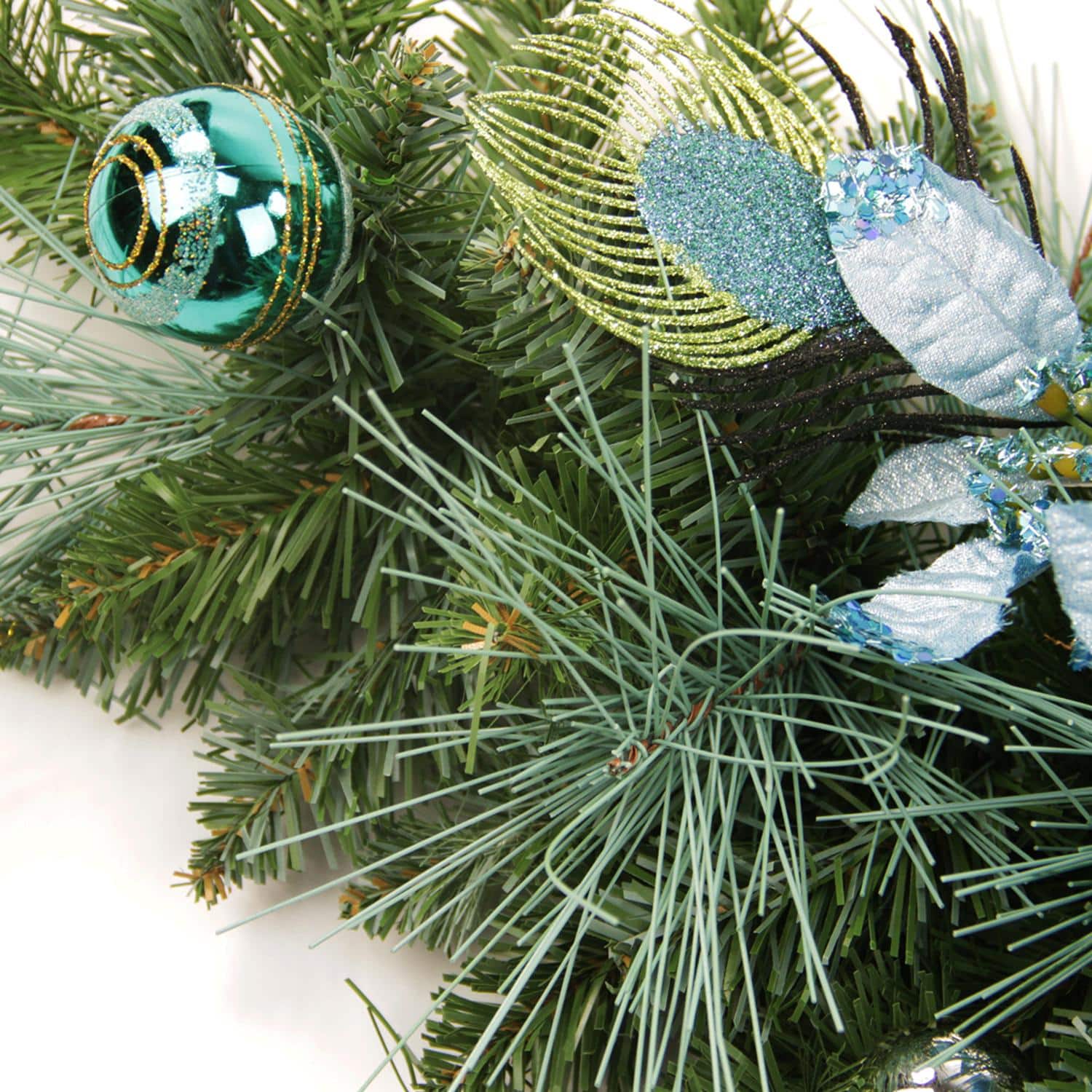 Pre-Decorated Peacock Feathers & Poinsettias Artificial Garland, Unlit