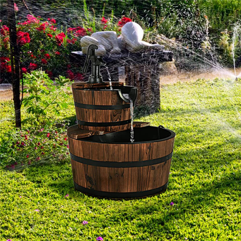 Costway 2-Tier Barrel Wooden Waterfall Fountain
