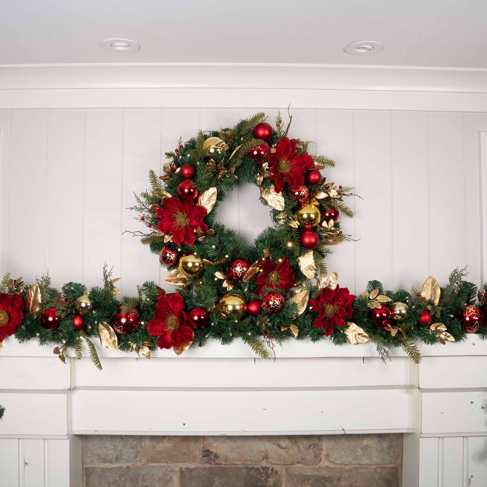 9 ft. Pre-Lit LED Golden Leaf Red Magnolia Artificial Christmas Garland
