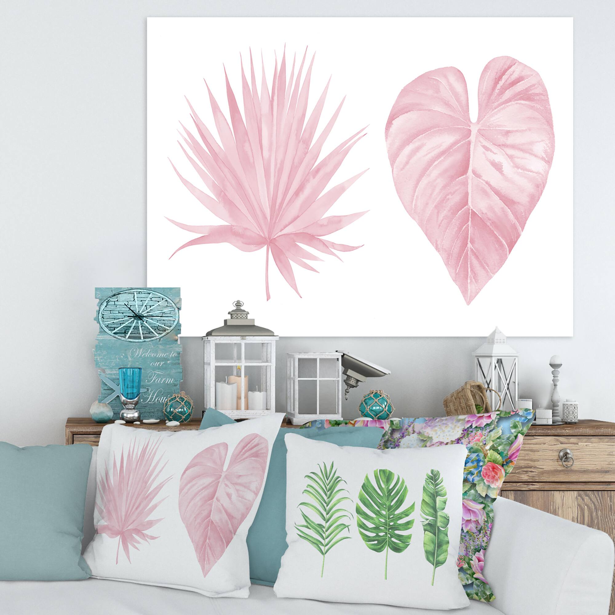 Designart - Tropical Pink Watercolour Leaves II - Shabby Chic Canvas Wall Art Print