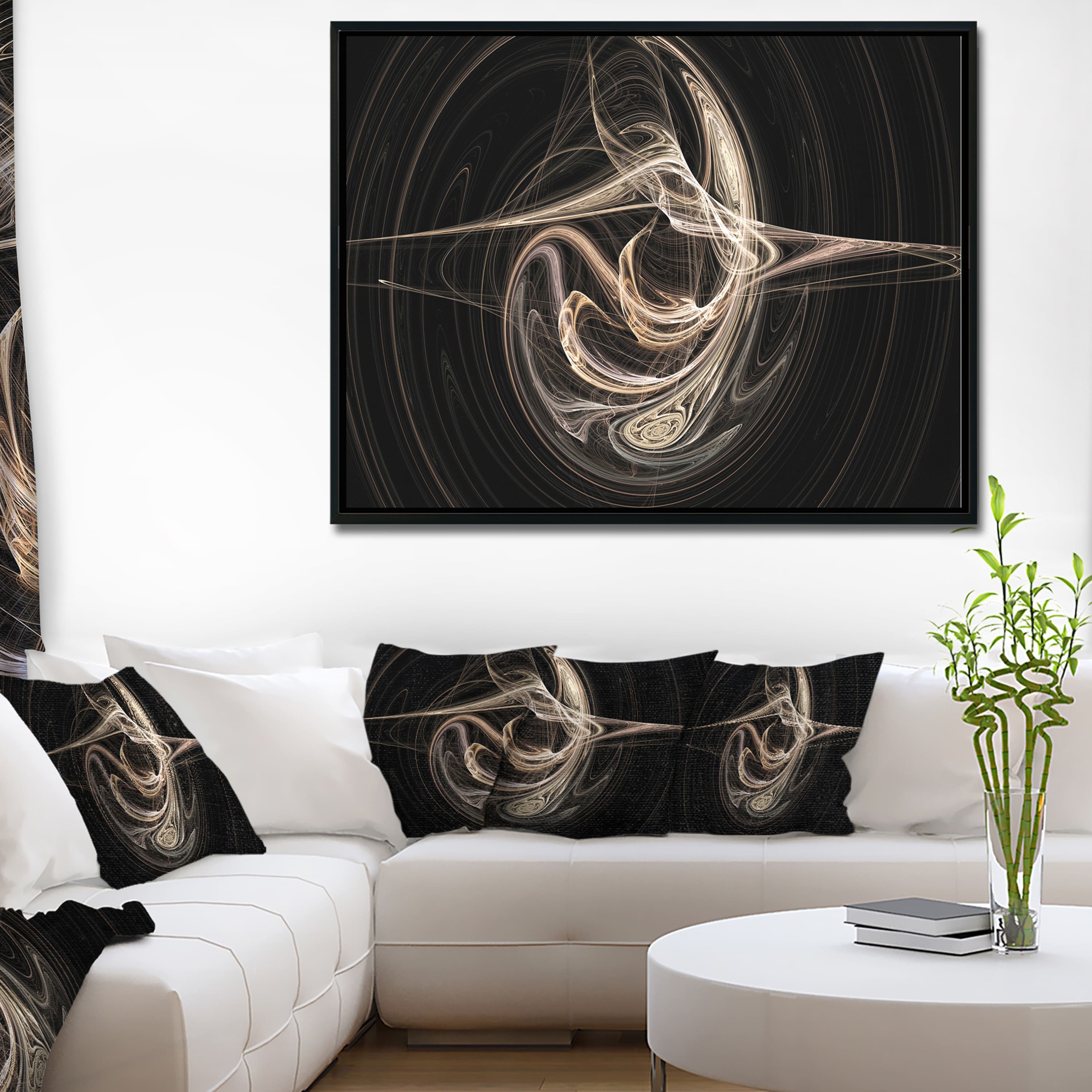 Designart - White Abstract Fractal Design in Black - Abstract Art on Canvas in Black Frame